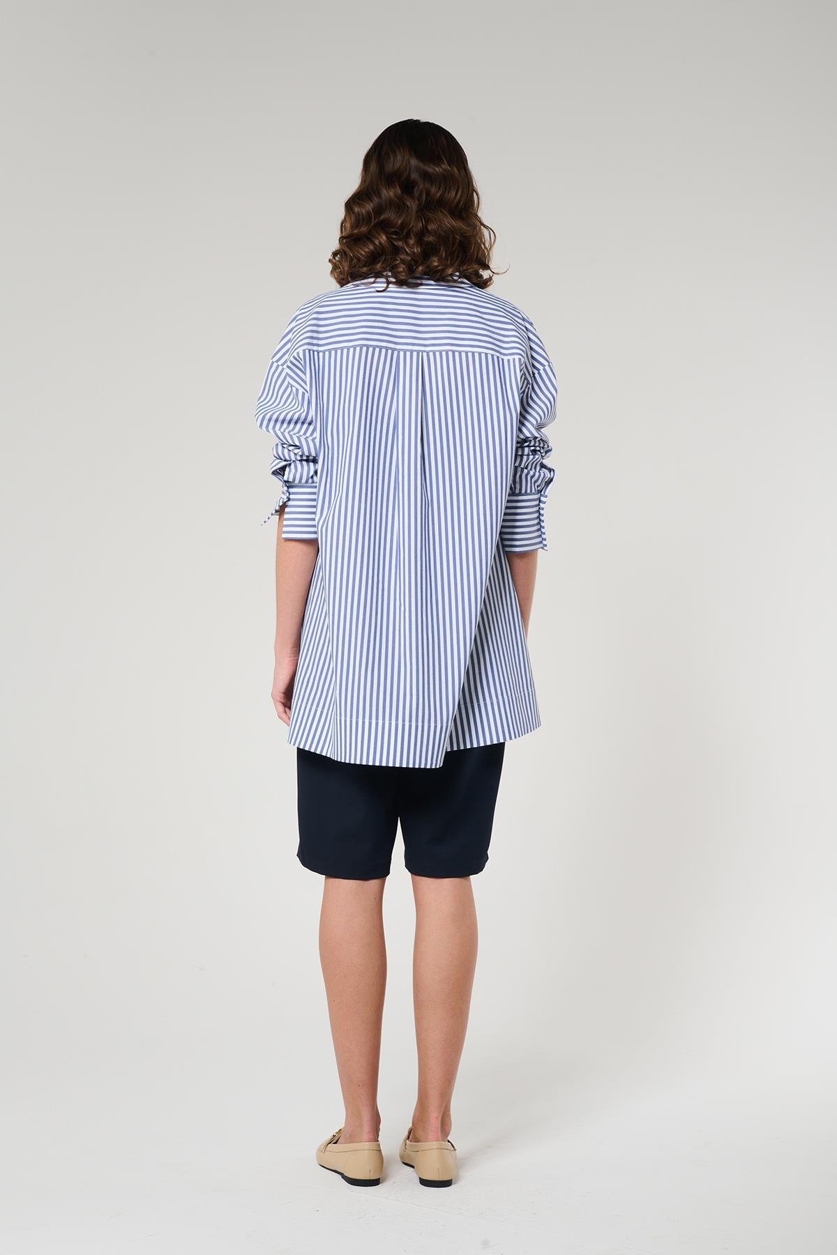 Lacivert Çizgili  %100 Pamuk Gömlek