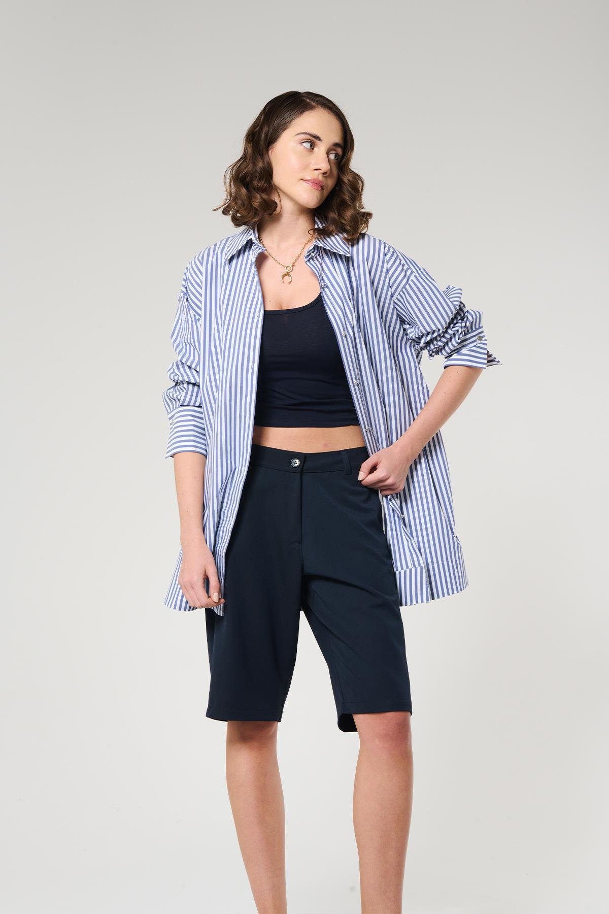 Lacivert Çizgili  %100 Pamuk Gömlek