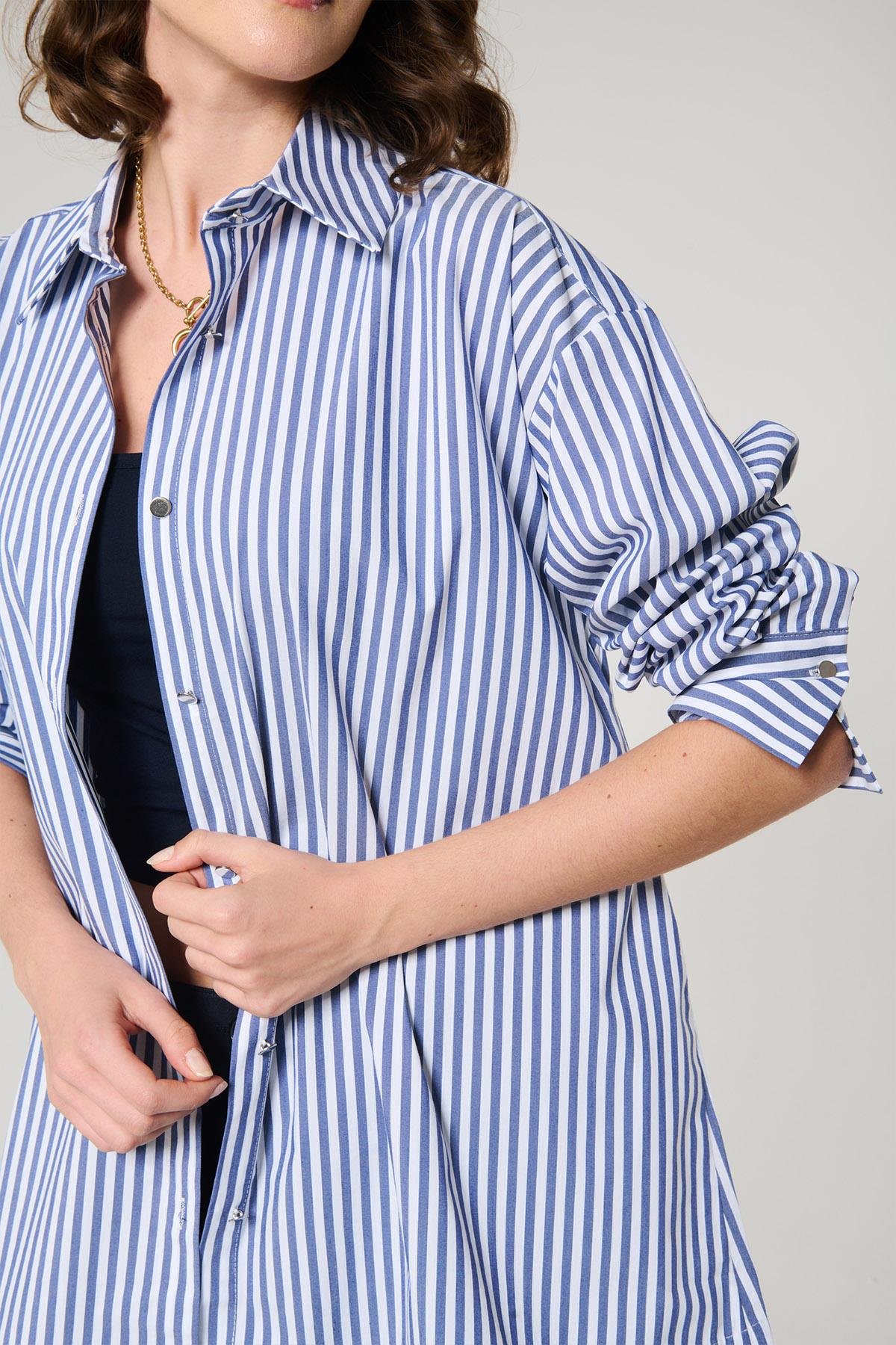 Lacivert Çizgili  %100 Pamuk Gömlek