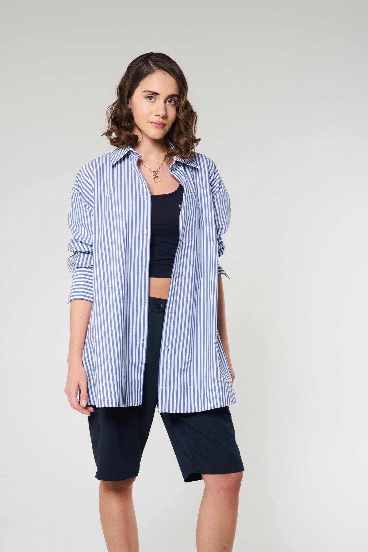 Lacivert Çizgili  %100 Pamuk Gömlek