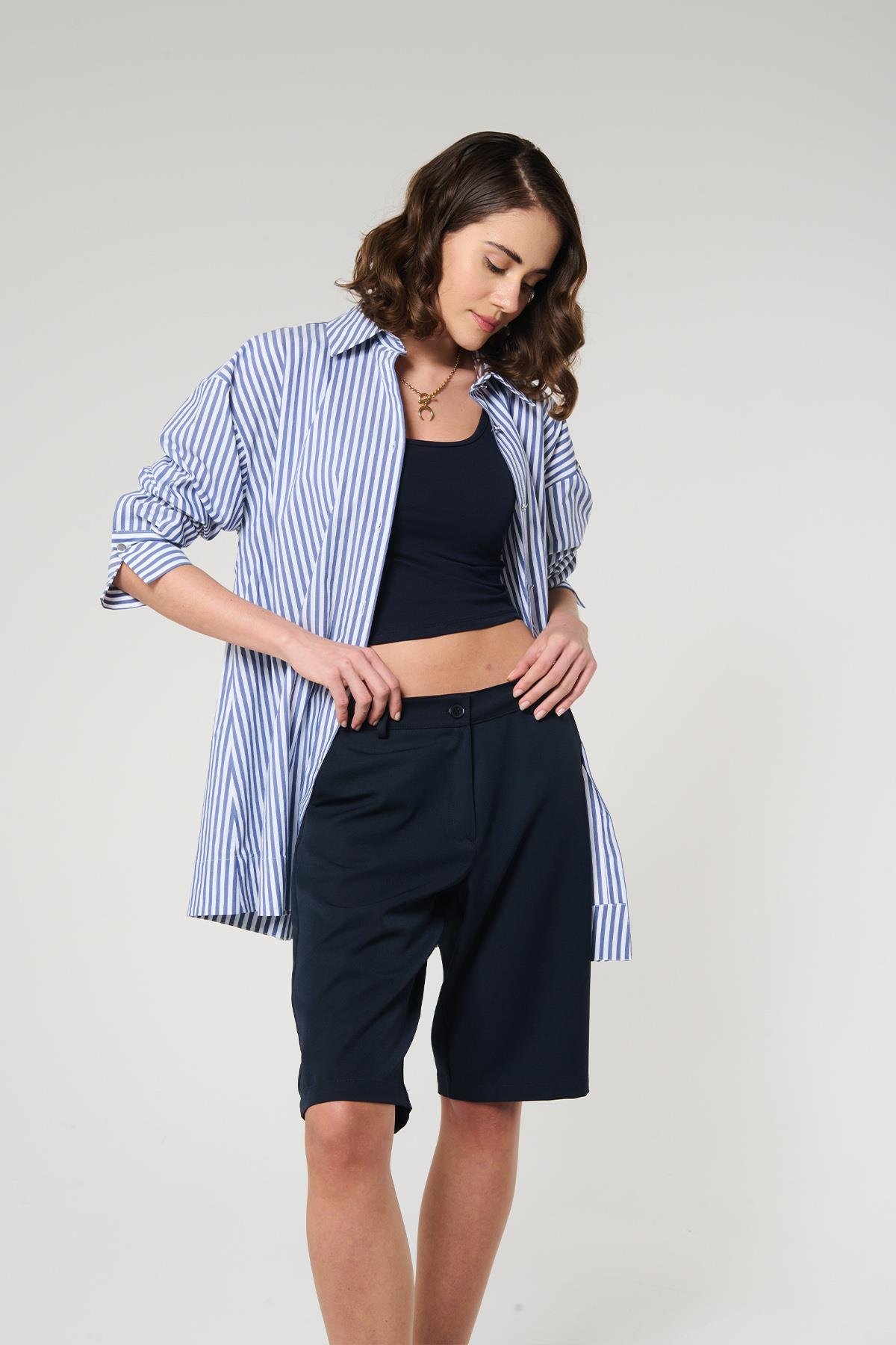 Lacivert Çizgili  %100 Pamuk Gömlek