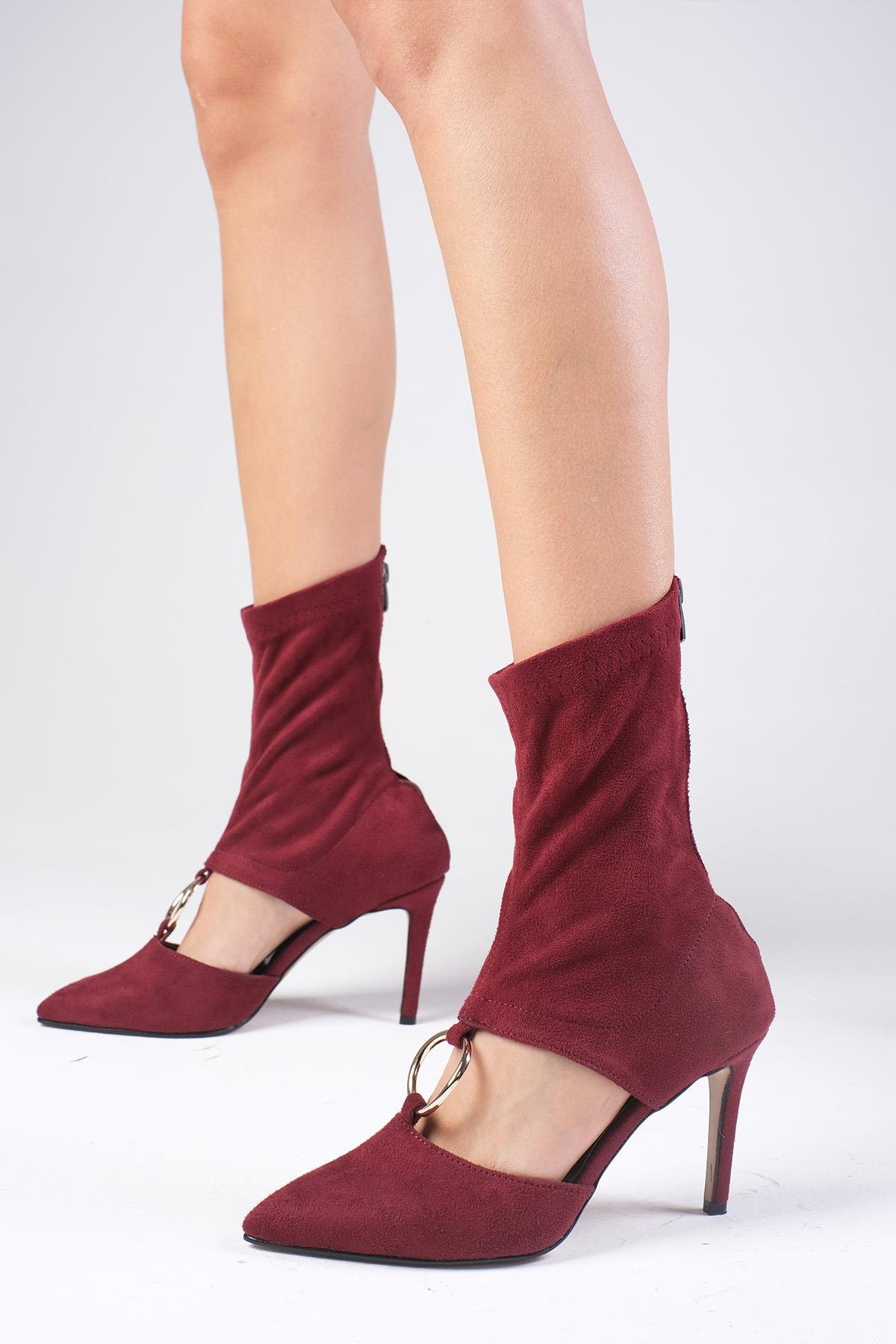 Lilya Bordo Renk Streç Topuklu Bootie Ayakkabı-Yüksek Topuklu-Mio Gusto-02345WRS