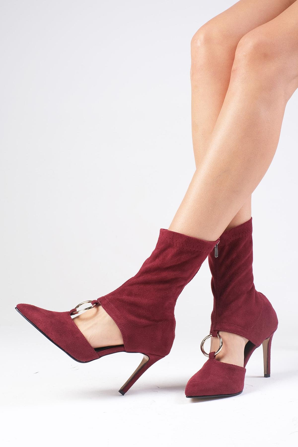 Lilya Bordo Renk Streç Topuklu Bootie Ayakkabı-Yüksek Topuklu-Mio Gusto-02345WRS