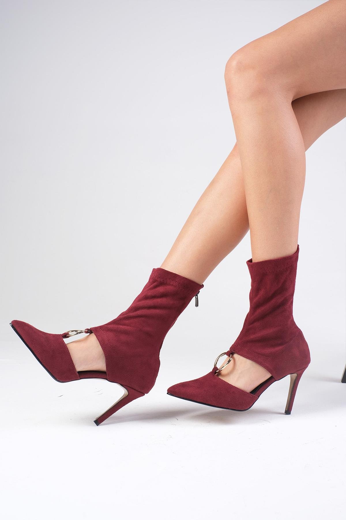 Lilya Bordo Renk Streç Topuklu Bootie Ayakkabı-Yüksek Topuklu-Mio Gusto-02345WRS