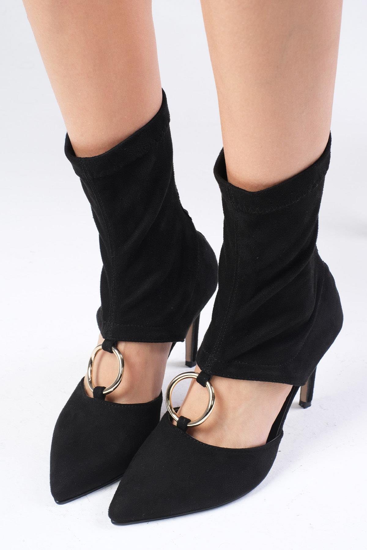 Lilya Streç Siyah Renk Topuklu Bootie Ayakkabı-Yüksek Topuklu-Mio Gusto-02345BLS