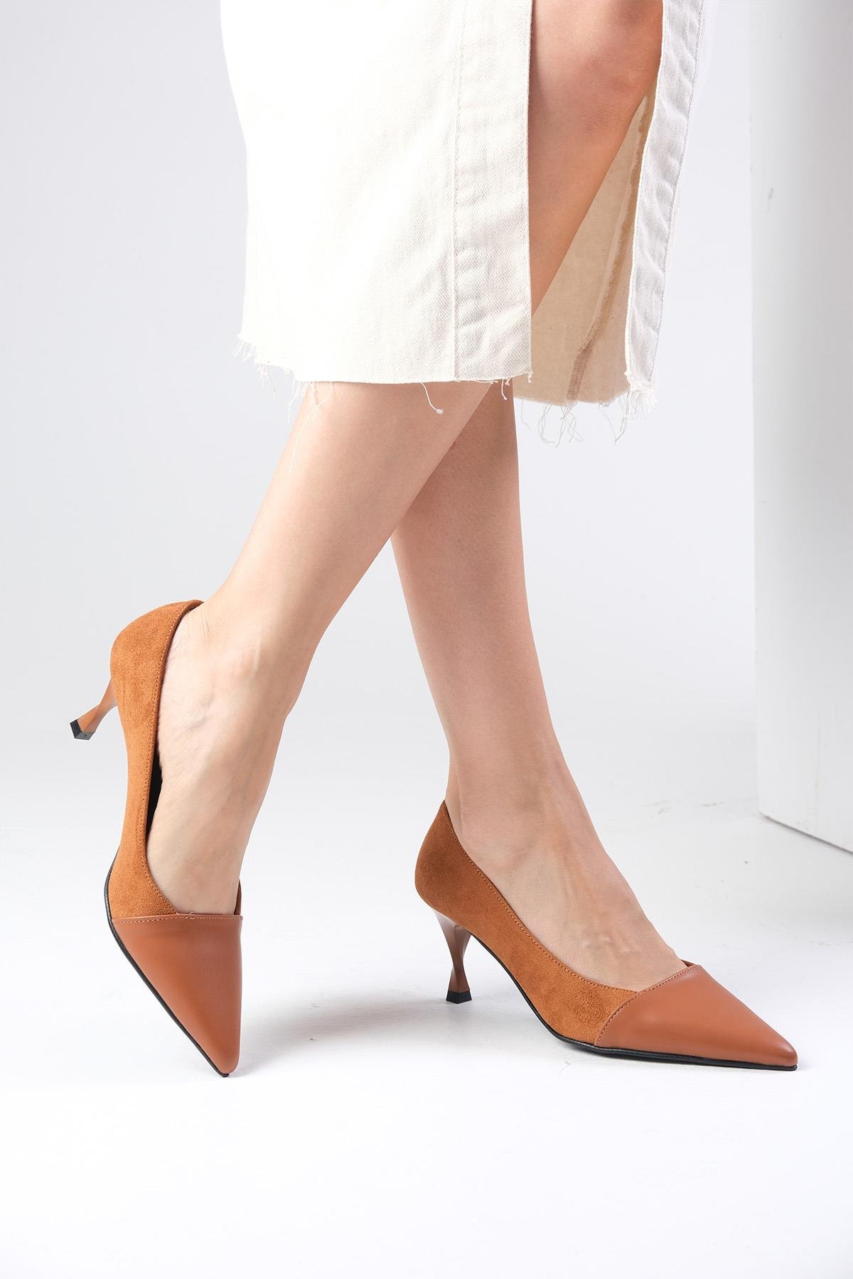 Lina Taba Renk Süet Topuklu Ayakkabı-Yüksek Topuklu-Mio Gusto-01430TAS