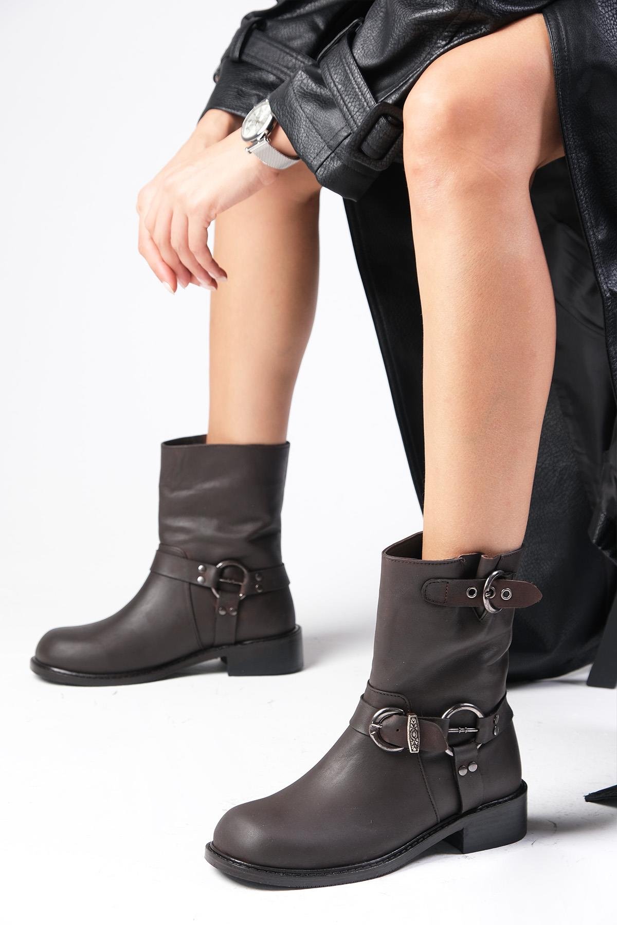 Lola Hakiki Deri Kahverengi Biker Bot-Topuksuz-Mio Gusto-05846BRC