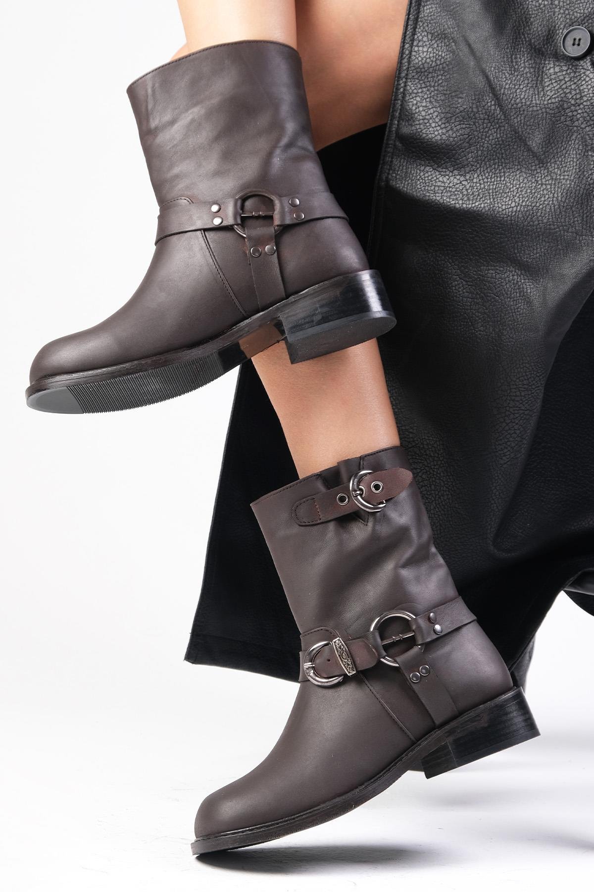 Lola Hakiki Deri Kahverengi Biker Bot-Topuksuz-Mio Gusto-05846BRC