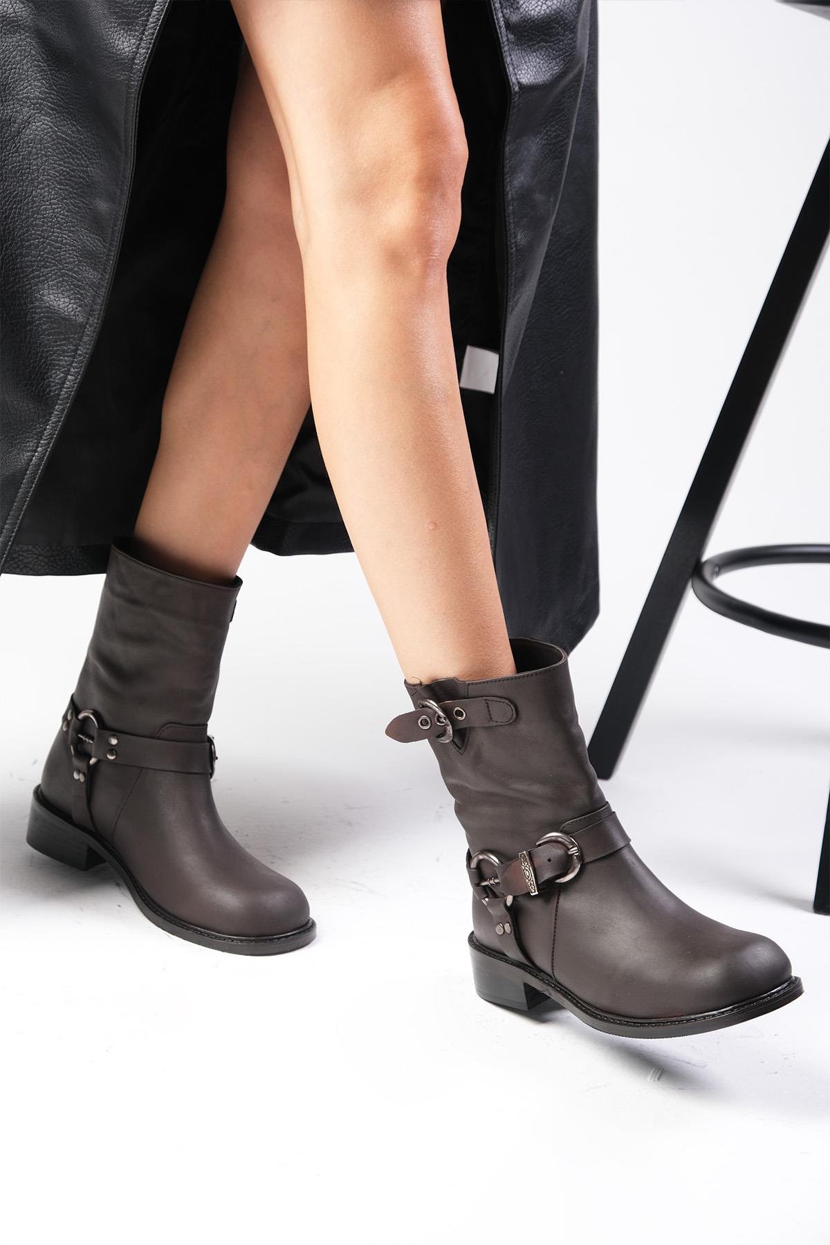 Lola Hakiki Deri Kahverengi Biker Bot-Topuksuz-Mio Gusto-05846BRC