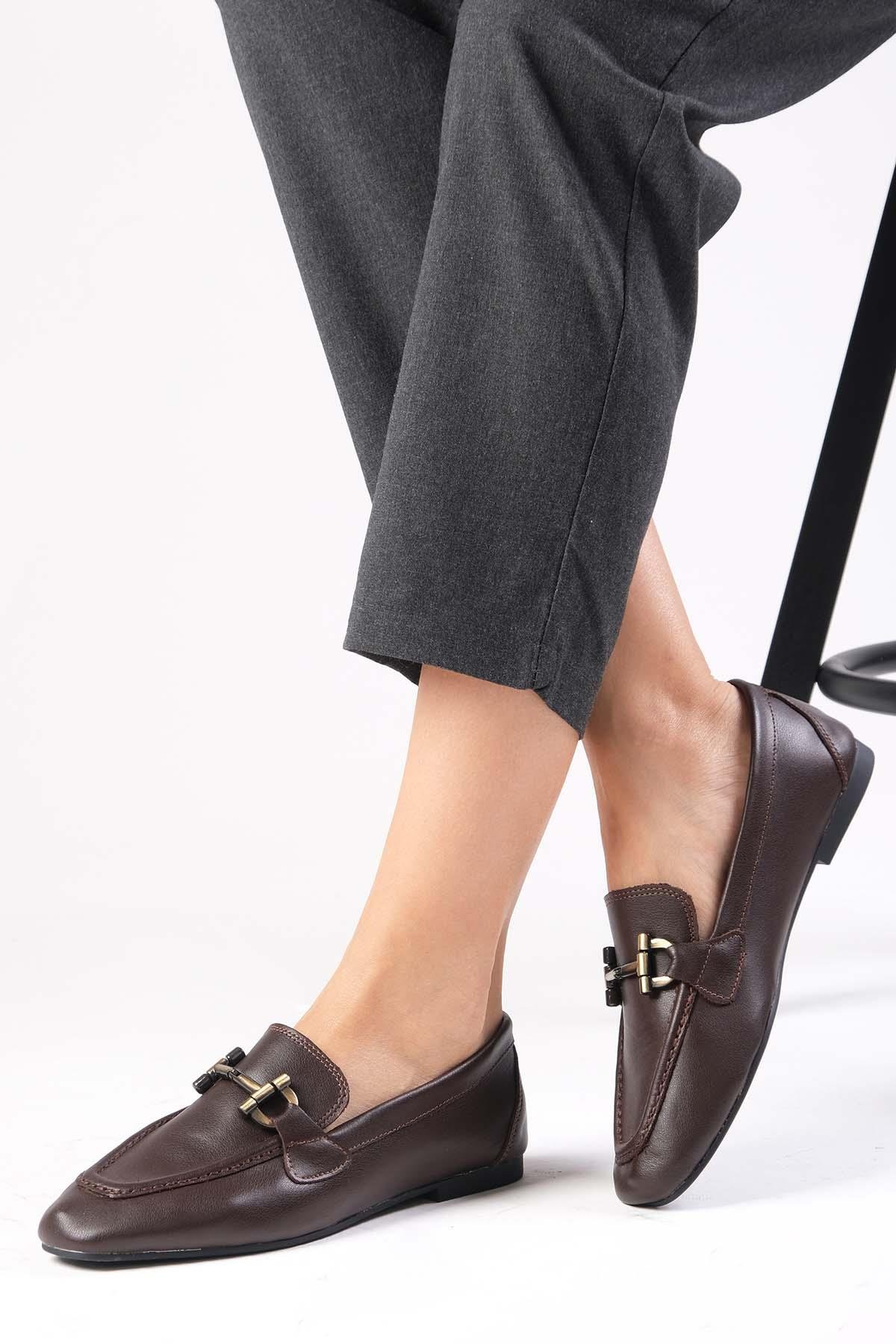 Manon Hakiki Deri Kahverengi Loafer-DÜZ AYAKKABI-Mio Gusto-01555BRC
