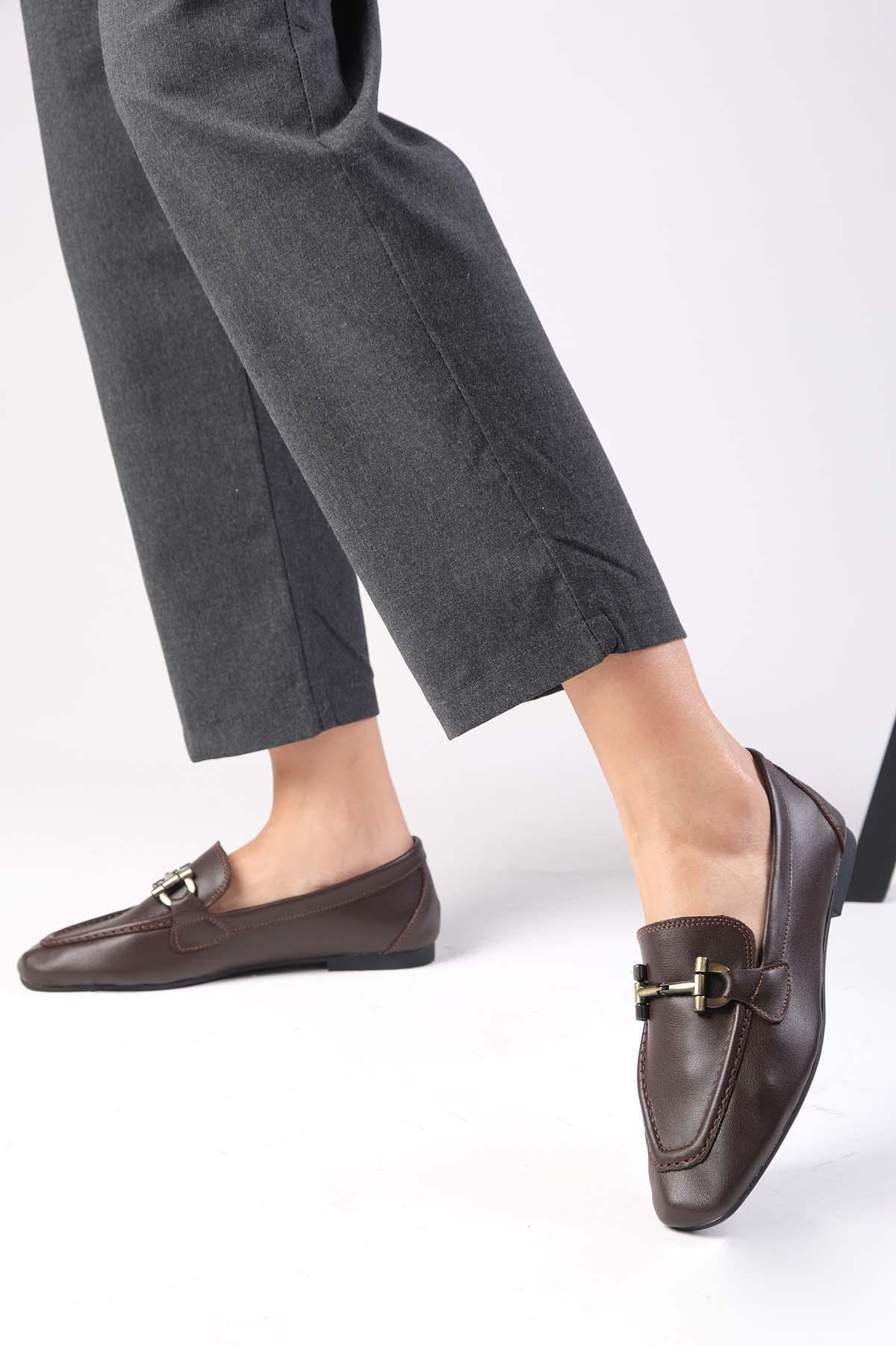 Manon Hakiki Deri Kahverengi Loafer-DÜZ AYAKKABI-Mio Gusto-01555BRC