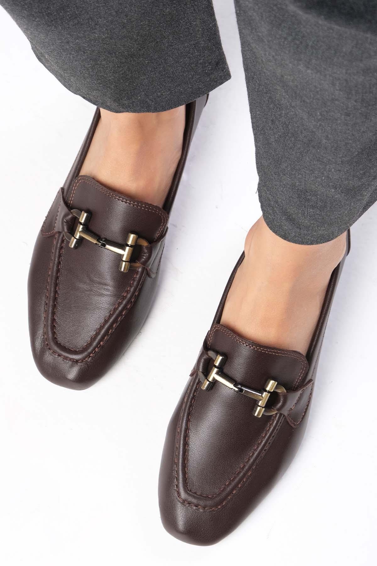 Manon Hakiki Deri Kahverengi Loafer-DÜZ AYAKKABI-Mio Gusto-01555BRC