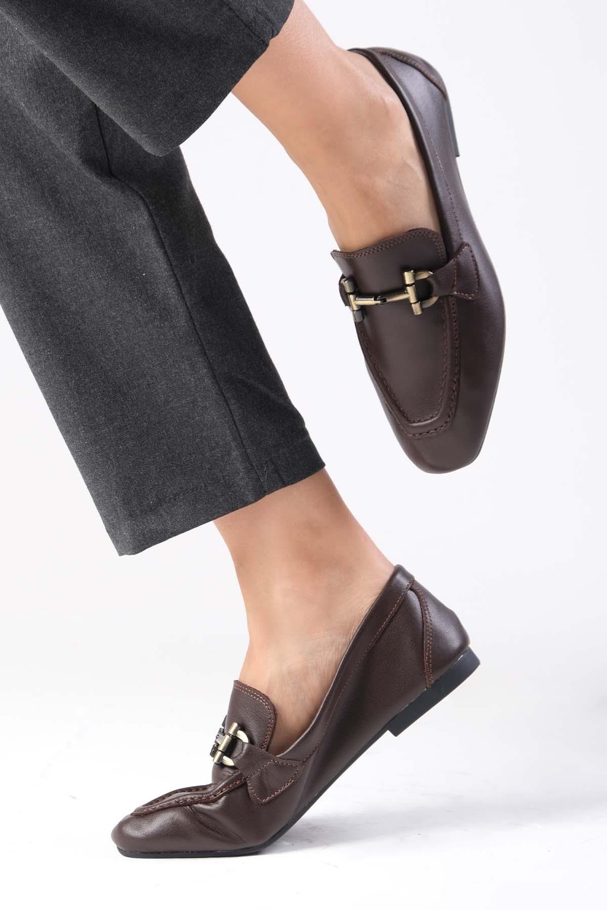 Manon Hakiki Deri Kahverengi Loafer-DÜZ AYAKKABI-Mio Gusto-01555BRC