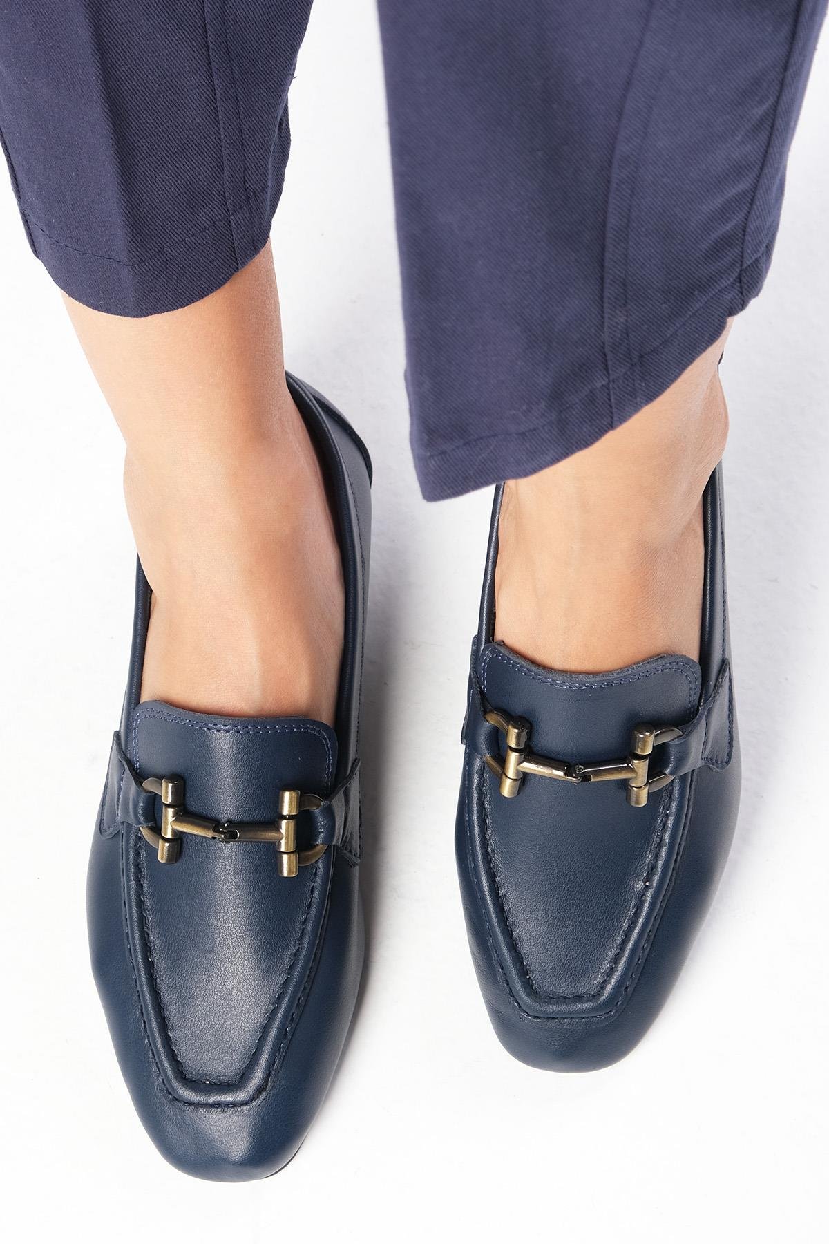 Manon Hakiki Deri Lacivert Renk Loafer-DÜZ AYAKKABI-Mio Gusto-01555DBC