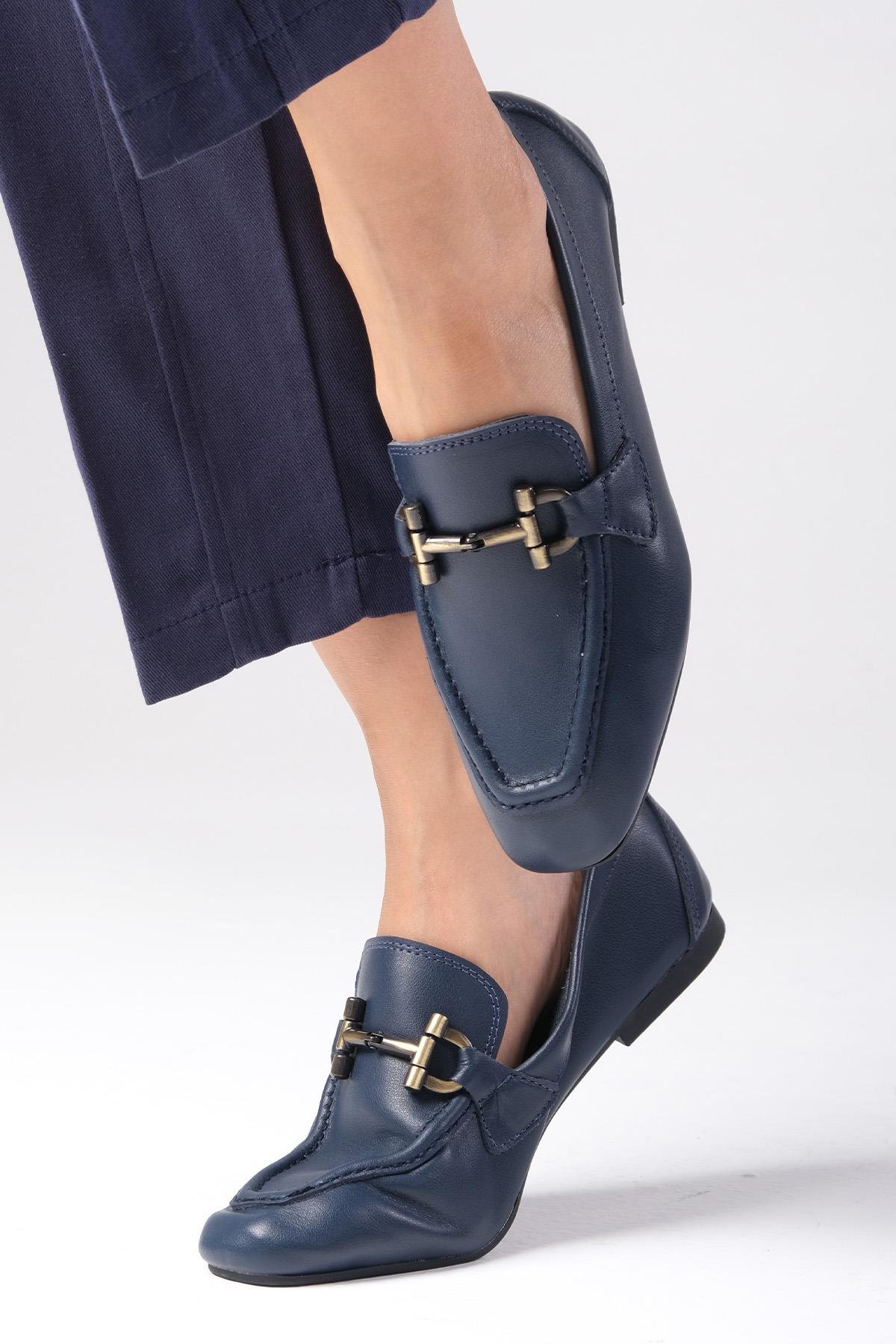 Manon Hakiki Deri Lacivert Renk Loafer-DÜZ AYAKKABI-Mio Gusto-01555DBC