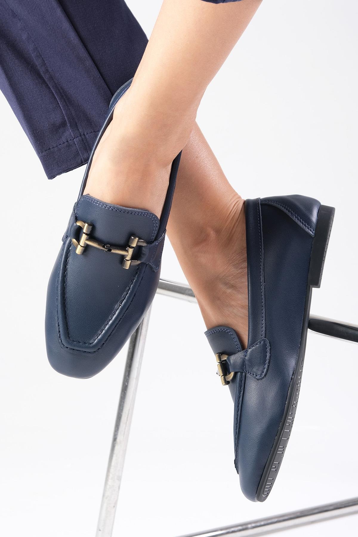 Manon Hakiki Deri Lacivert Renk Loafer-DÜZ AYAKKABI-Mio Gusto-01555DBC