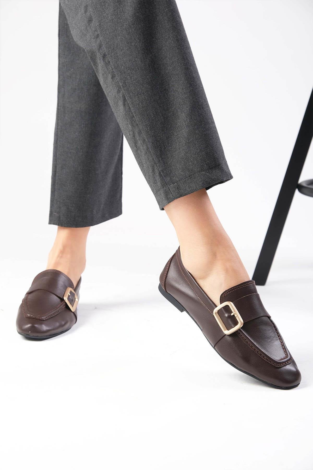Martina Hakiki Deri Kahverengi Loafer-DÜZ AYAKKABI-Mio Gusto-01560BRC