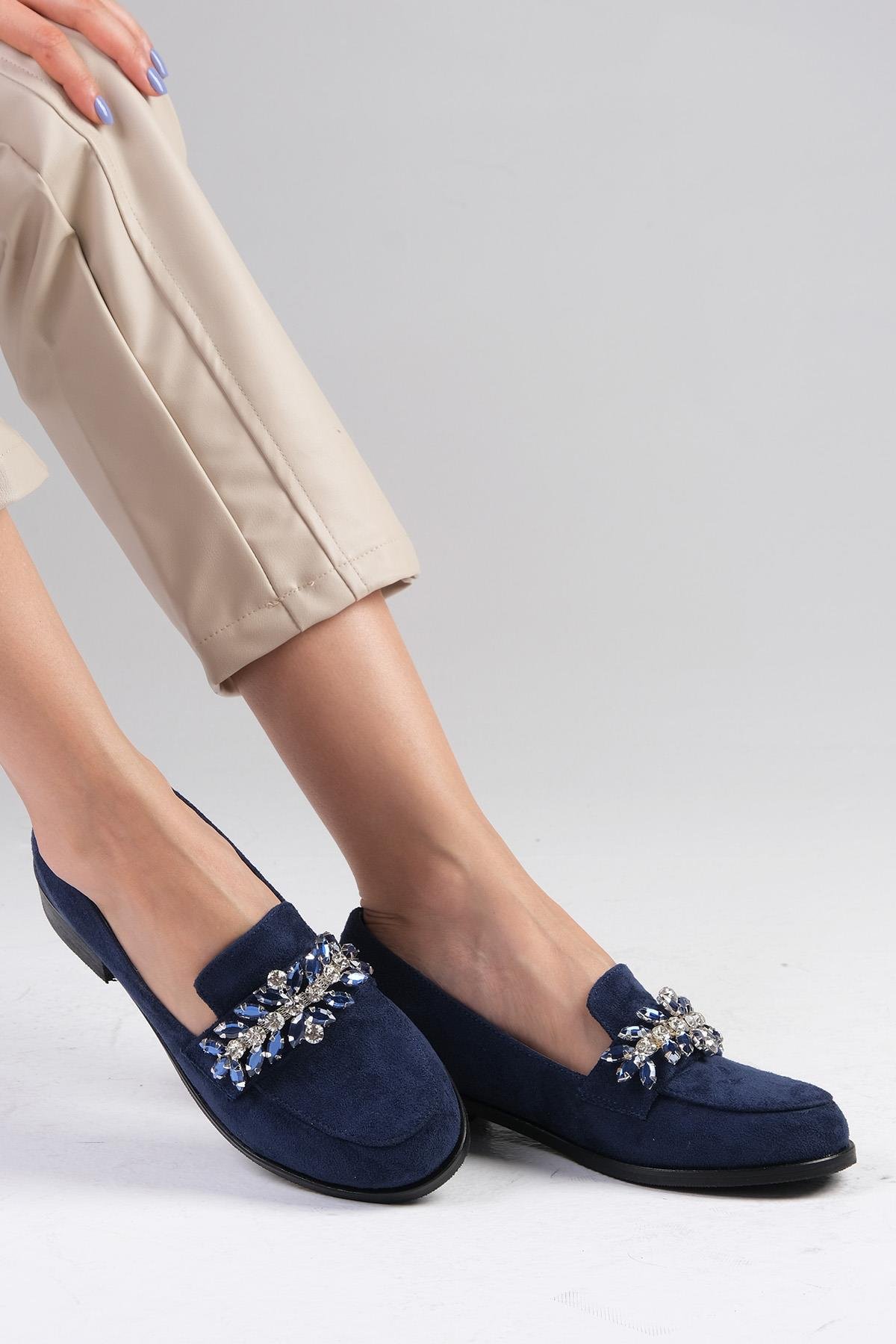 Matilda Lacivert Renk Süet Taşlı Oxford Ayakkabı-DÜZ AYAKKABI-Mio Gusto-02128DBS