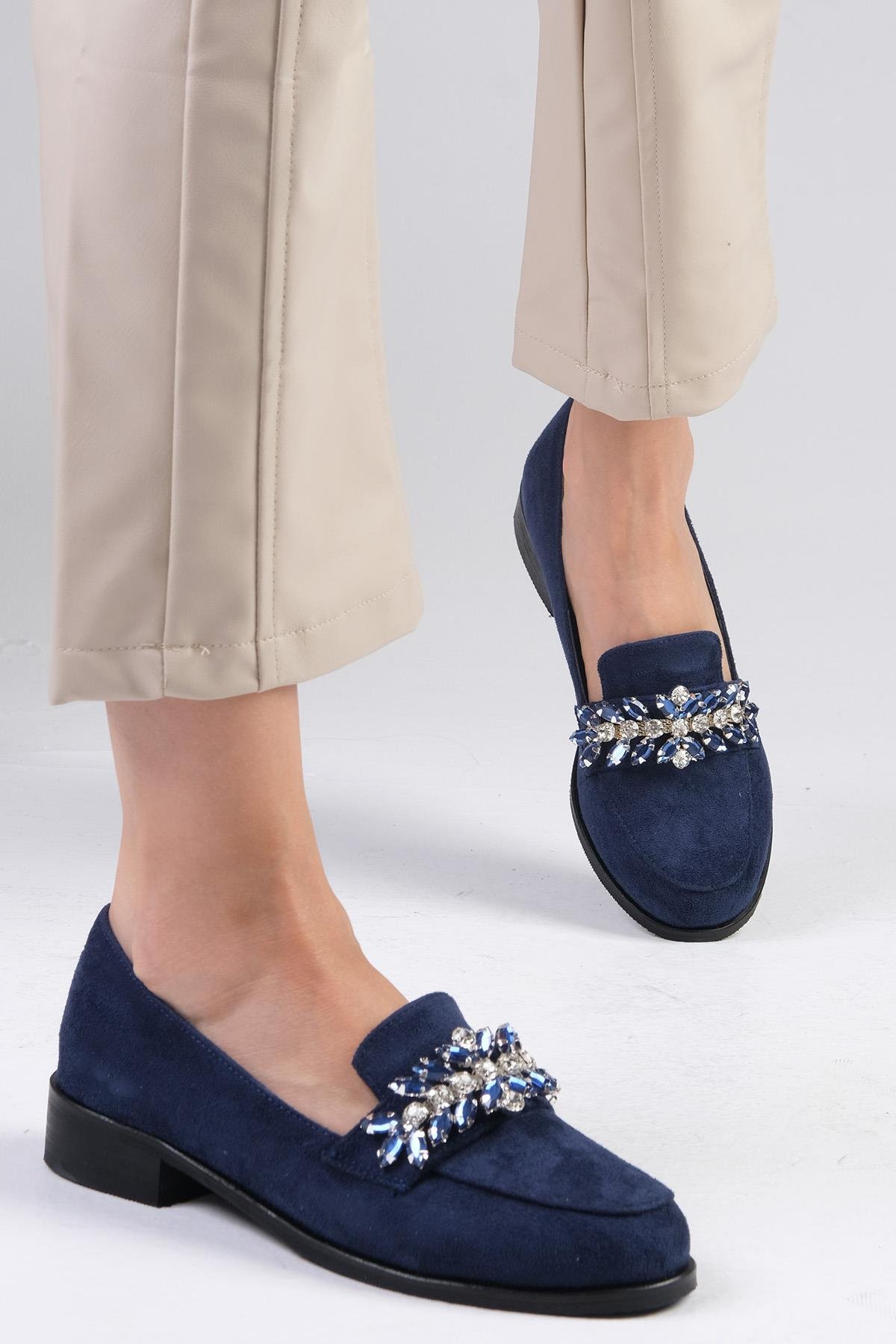 Matilda Lacivert Renk Süet Taşlı Oxford Ayakkabı-DÜZ AYAKKABI-Mio Gusto-02128DBS