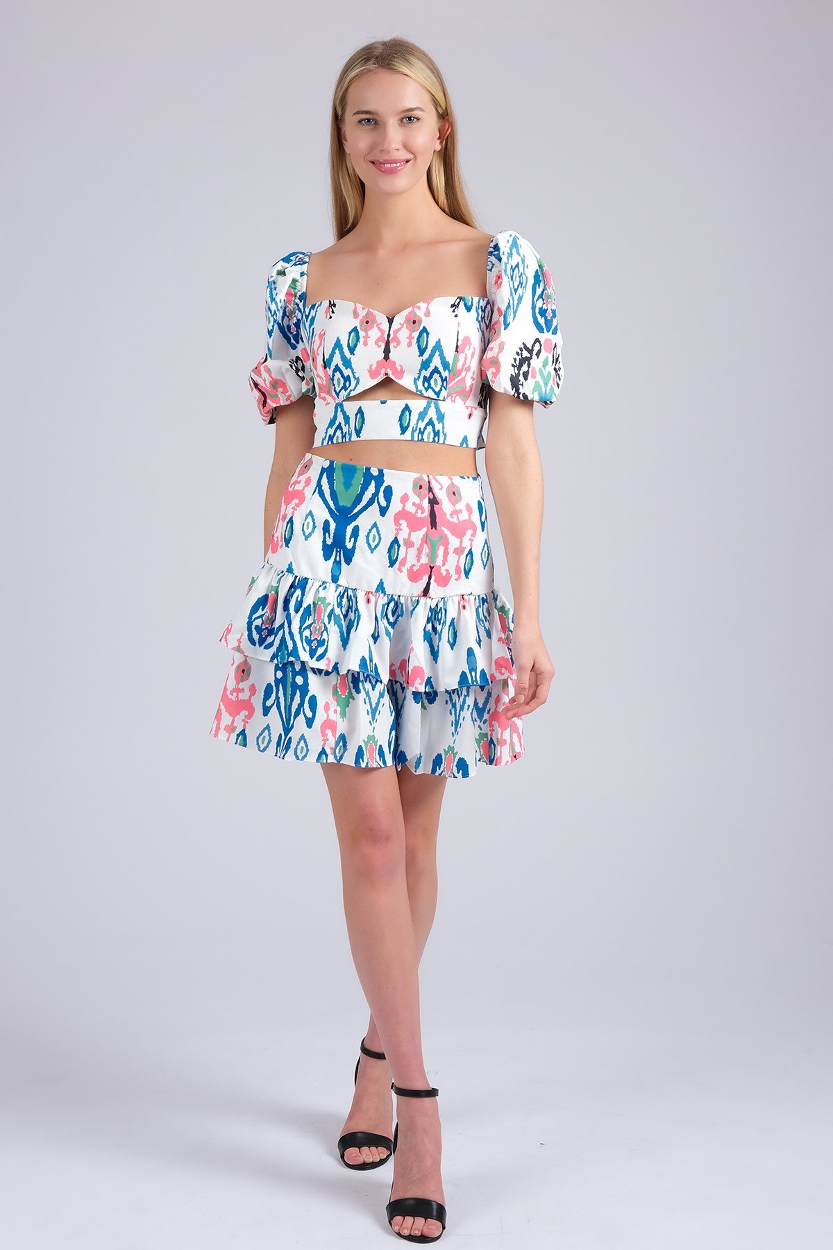 Mavi Renk Desenli Balon Kol Kadın Bluz-Atlet-Bluz-Mio Gusto-G0018BUK