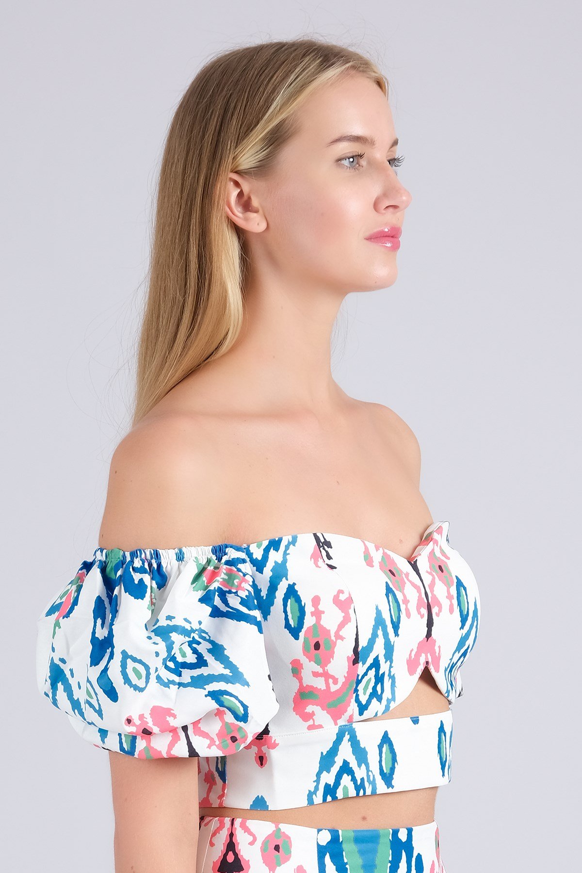 Mavi Renk Desenli Balon Kol Kadın Bluz-Atlet-Bluz-Mio Gusto-G0018BUK