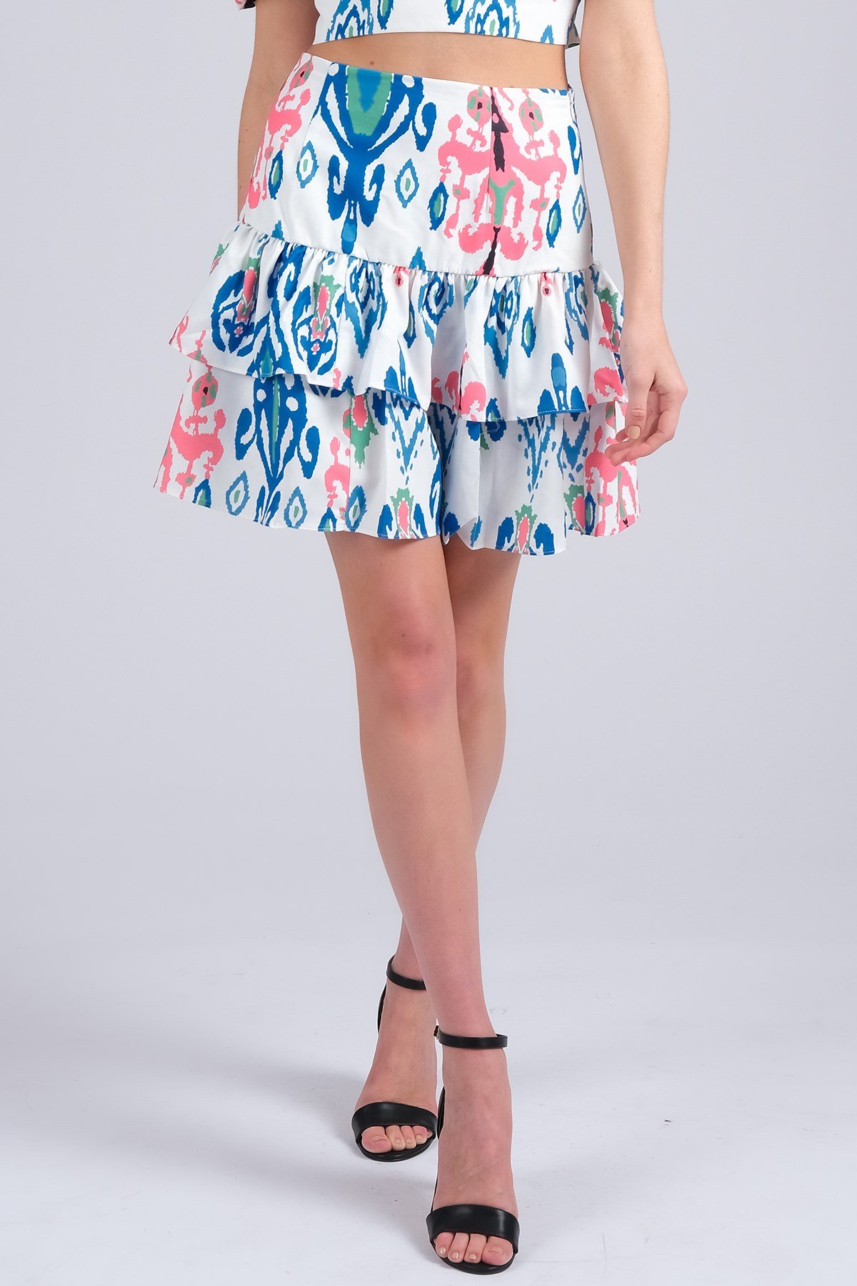 Mavi Renk Desenli Fırfırlı Kadın Etek-Etek-Mio Gusto-G0017BUK