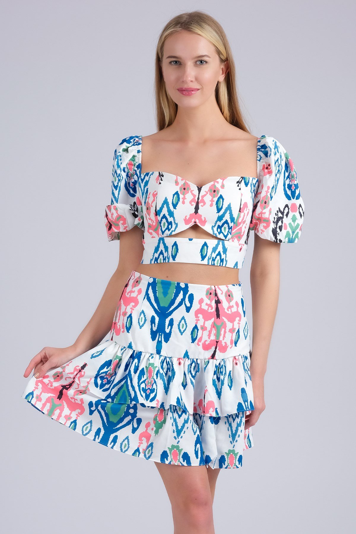 Mavi Renk Desenli Fırfırlı Kadın Etek-Etek-Mio Gusto-G0017BUK