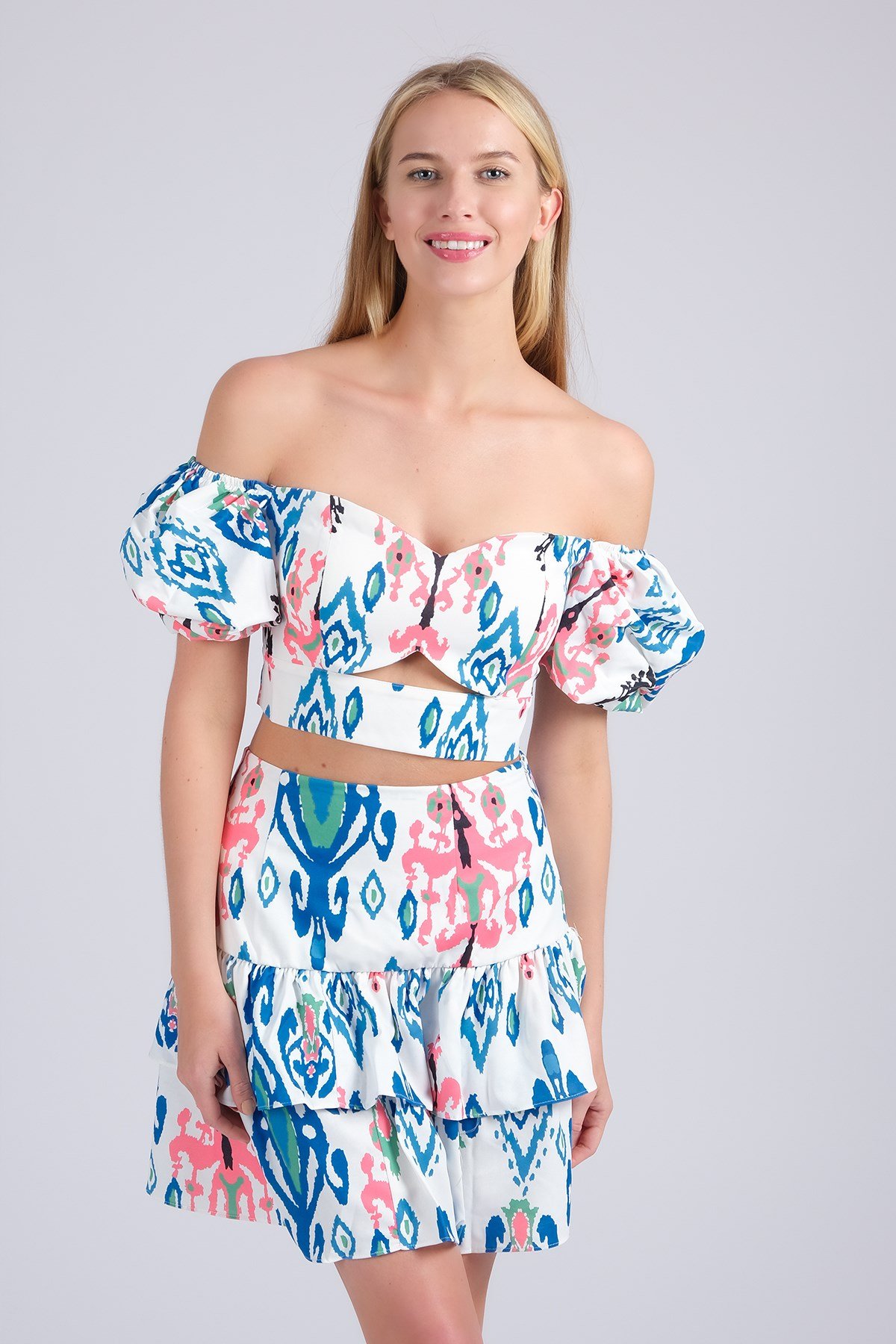 Mavi Renk Desenli Fırfırlı Kadın Etek-Etek-Mio Gusto-G0017BUK