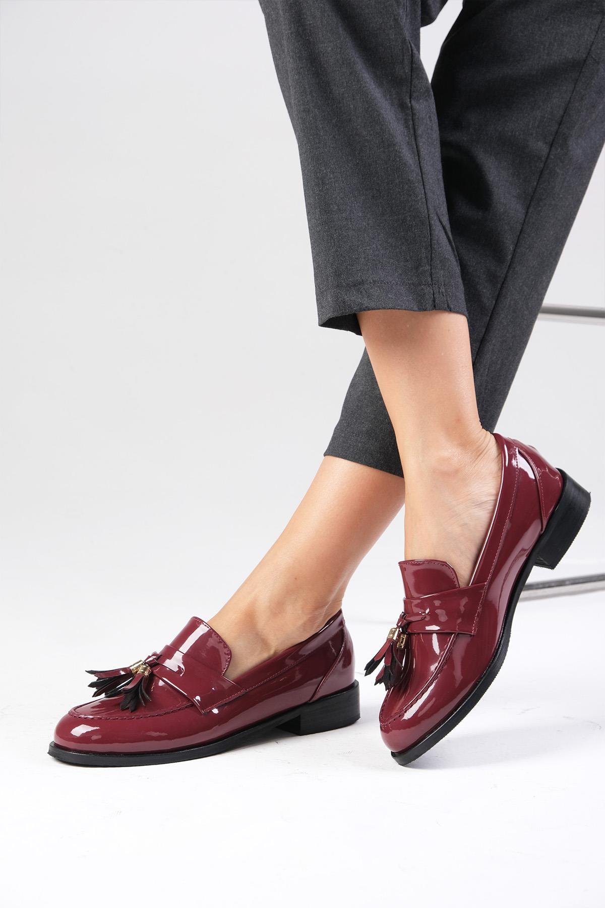 Meline Bordo Renk Rugan Oxford Ayakkabı-DÜZ AYAKKABI-Mio Gusto-02318WRR