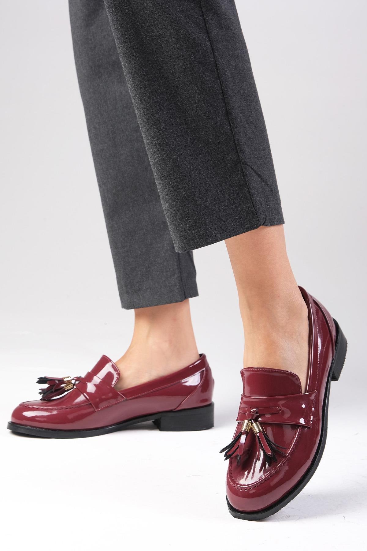 Meline Bordo Renk Rugan Oxford Ayakkabı-DÜZ AYAKKABI-Mio Gusto-02318WRR