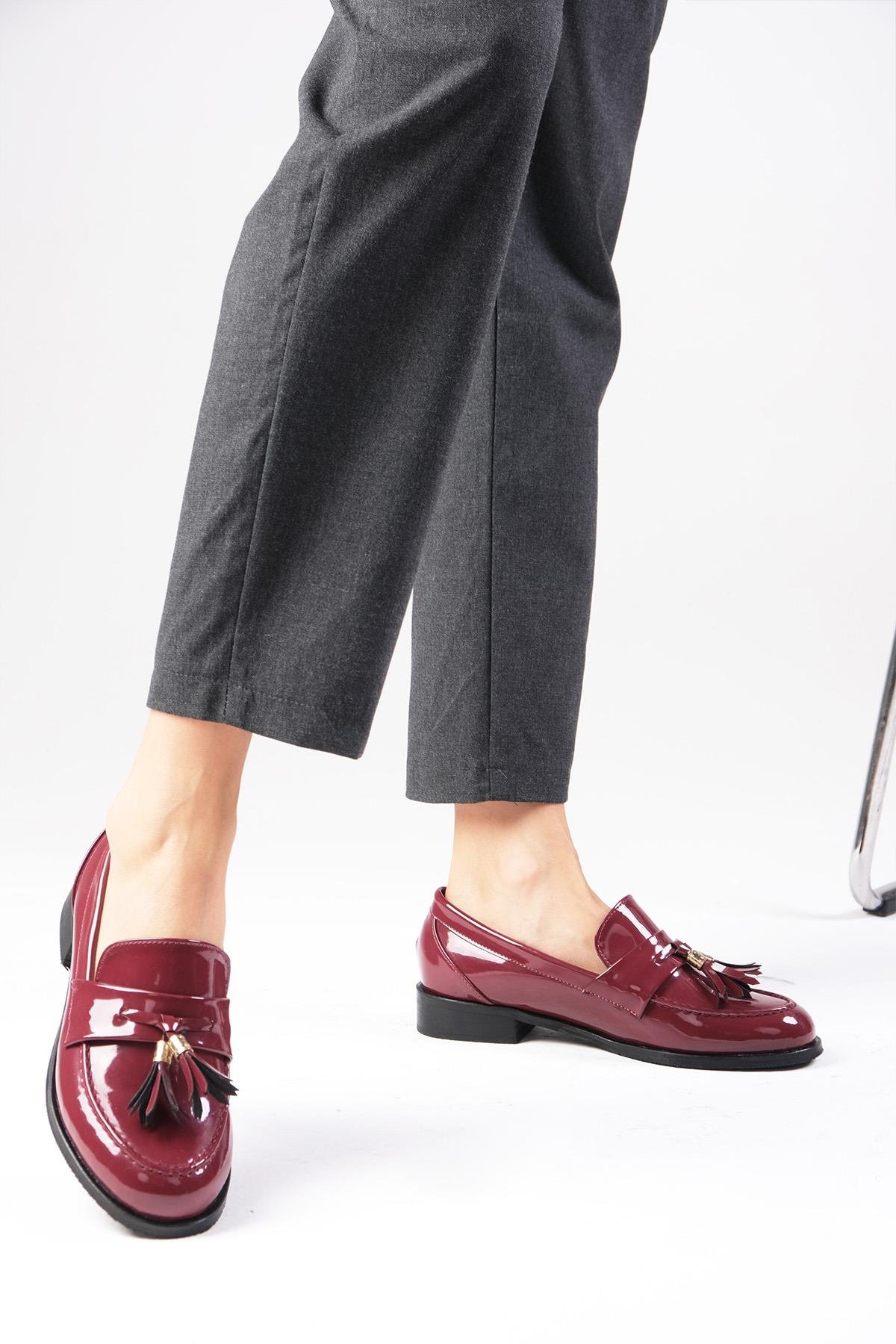 Meline Bordo Renk Rugan Oxford Ayakkabı-DÜZ AYAKKABI-Mio Gusto-02318WRR