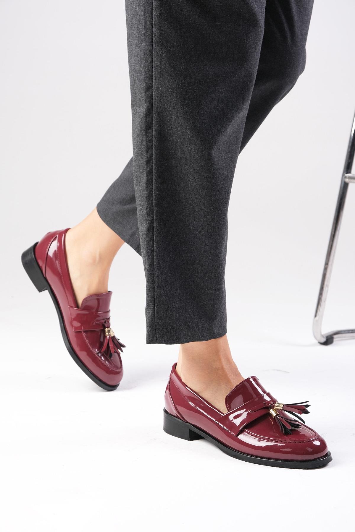 Meline Bordo Renk Rugan Oxford Ayakkabı-DÜZ AYAKKABI-Mio Gusto-02318WRR