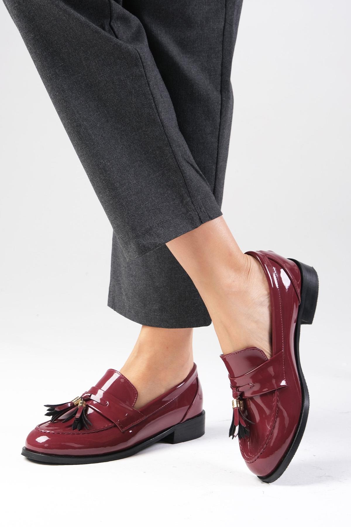 Meline Bordo Renk Rugan Oxford Ayakkabı-DÜZ AYAKKABI-Mio Gusto-02318WRR