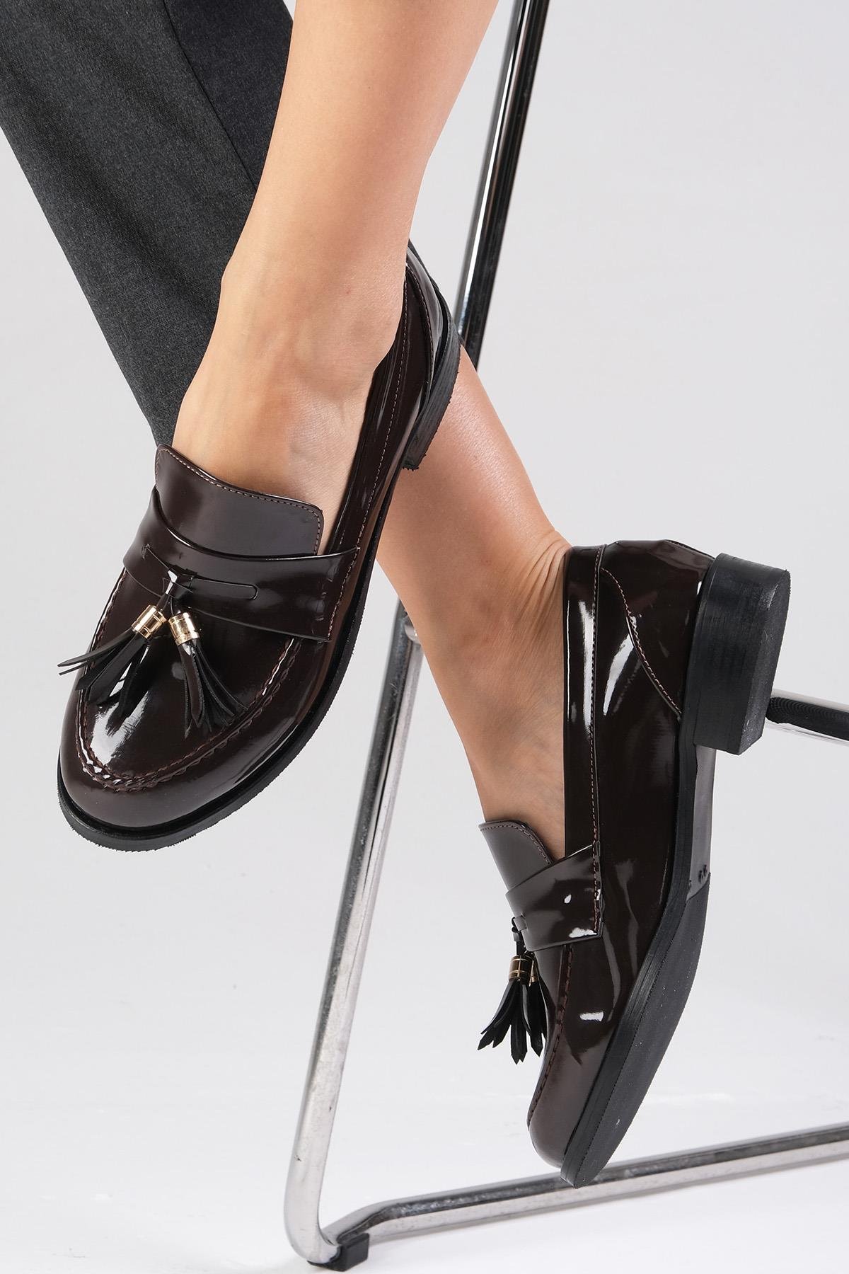 Meline Kahverengi Rugan Oxford Ayakkabı-DÜZ AYAKKABI-Mio Gusto-02318BRR