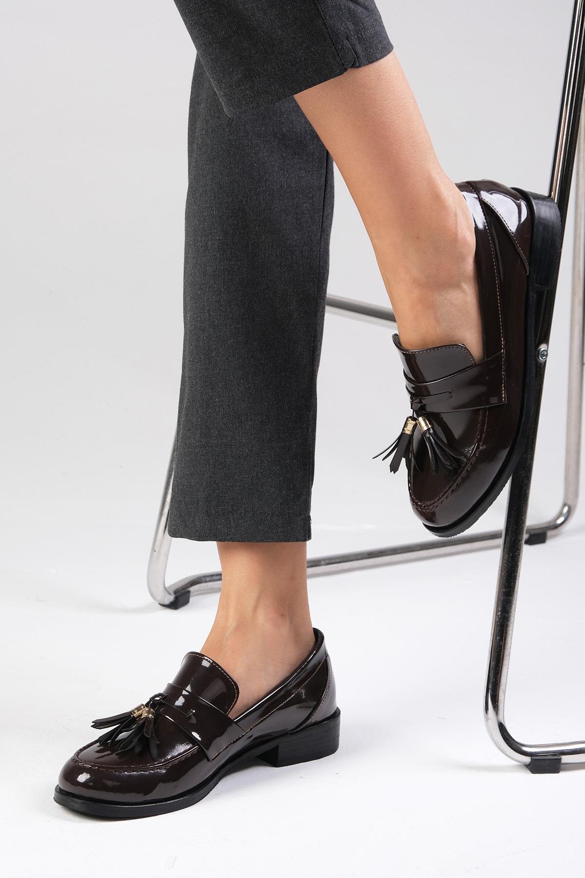 Meline Kahverengi Rugan Oxford Ayakkabı-DÜZ AYAKKABI-Mio Gusto-02318BRR