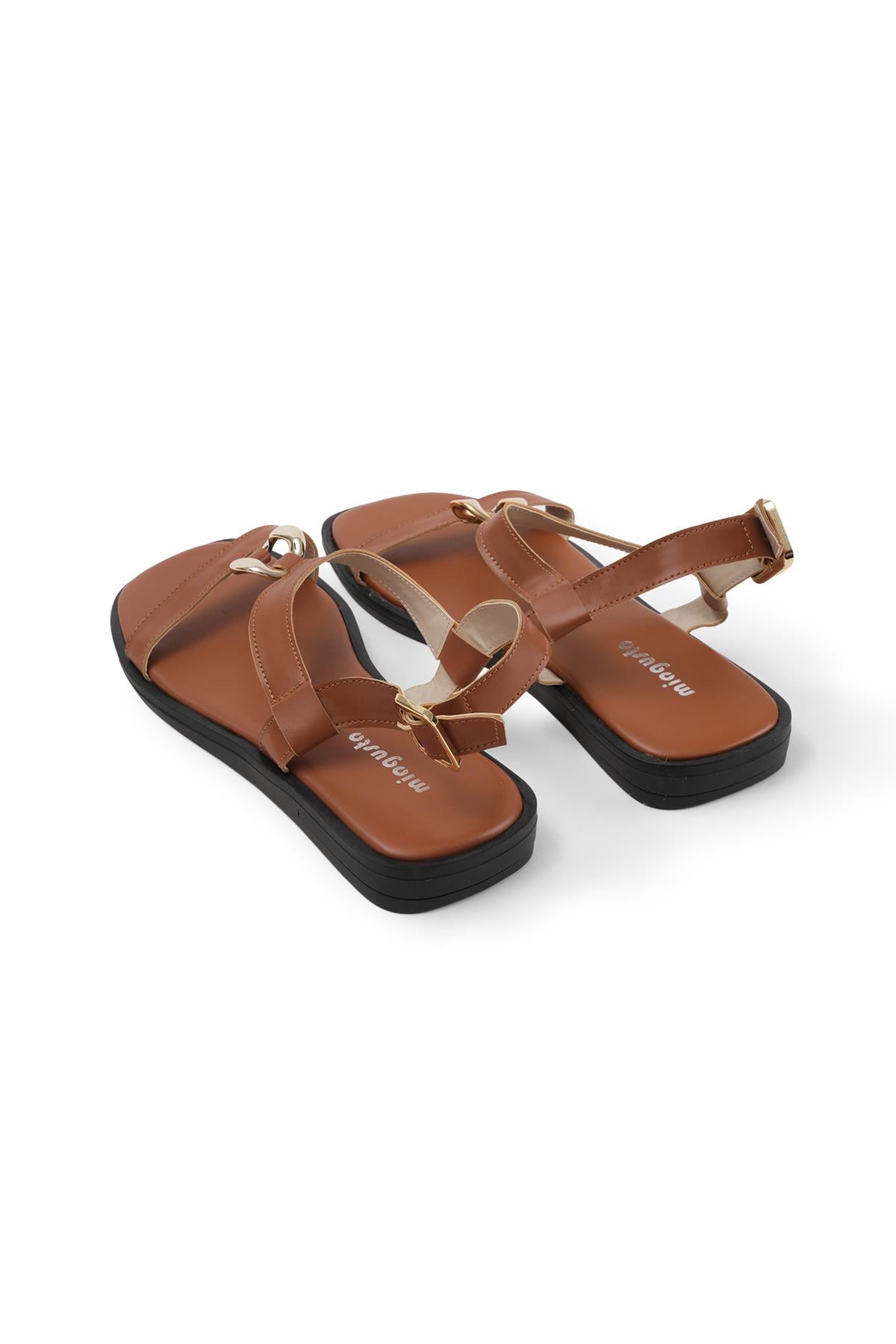 Mio Gusto Agnes Taba Renk Metal Aksesuarlı Kadın Sandalet Modelleri