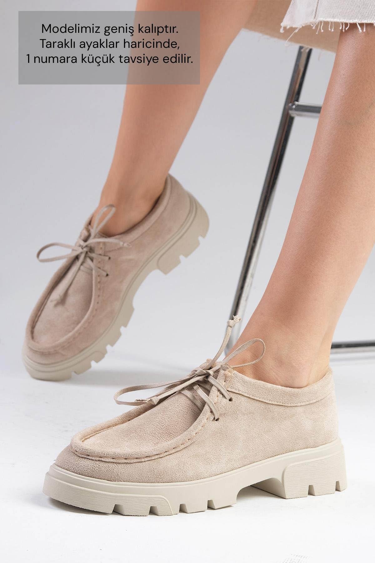 Mio Gusto Bej Renk Kalın Tabanlı Oxford Kadın Ayakkabı Modelleri