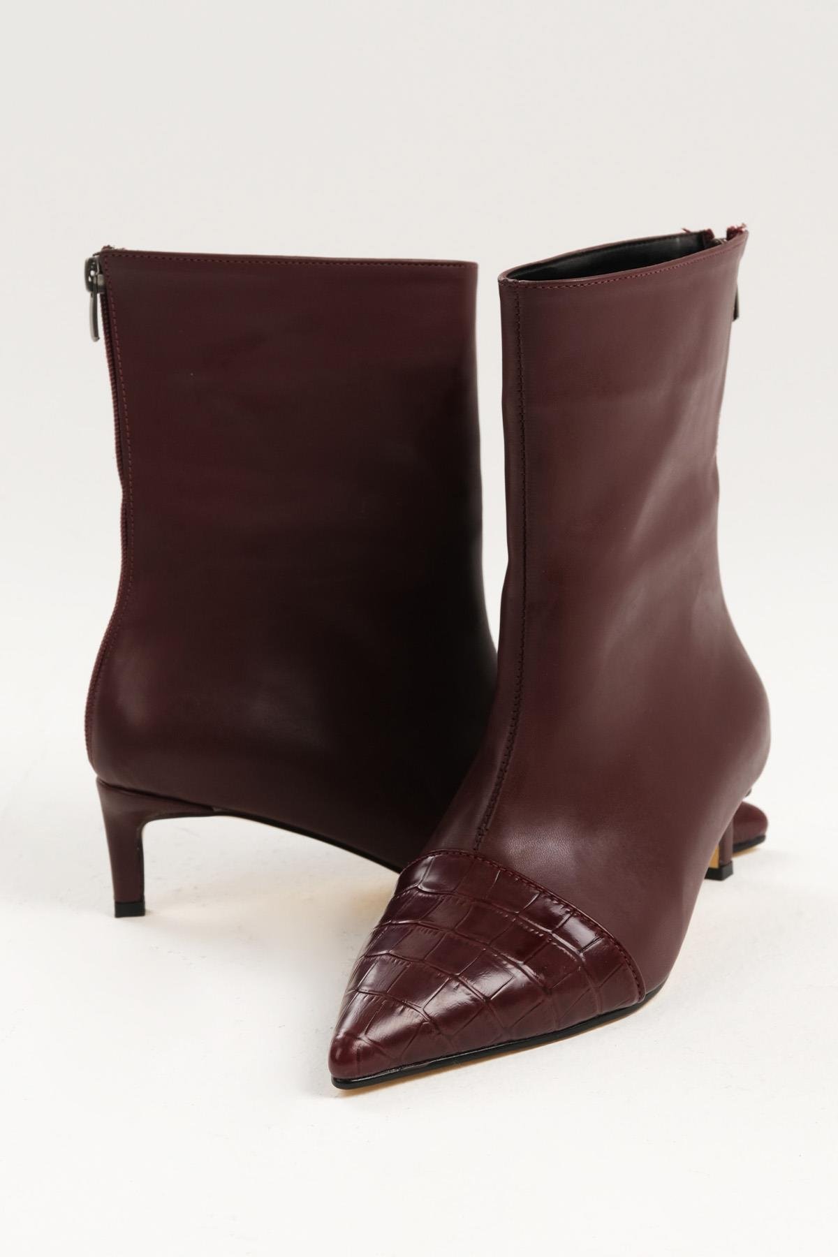 Mio Gusto Bordo Renk Fermuarlı Topuklu Bot