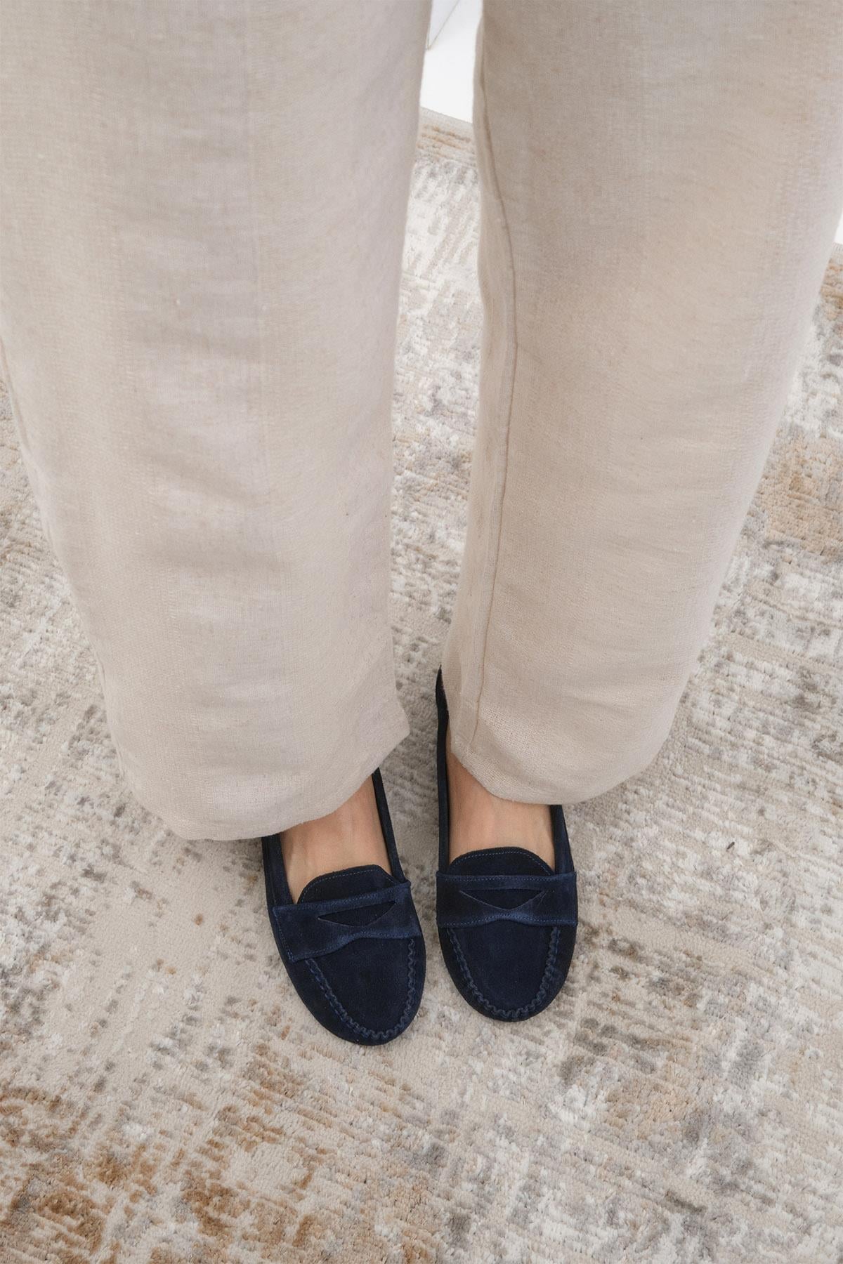 Mio Gusto Capri Hakiki Süet Lacivert Renk Kadın Loafer