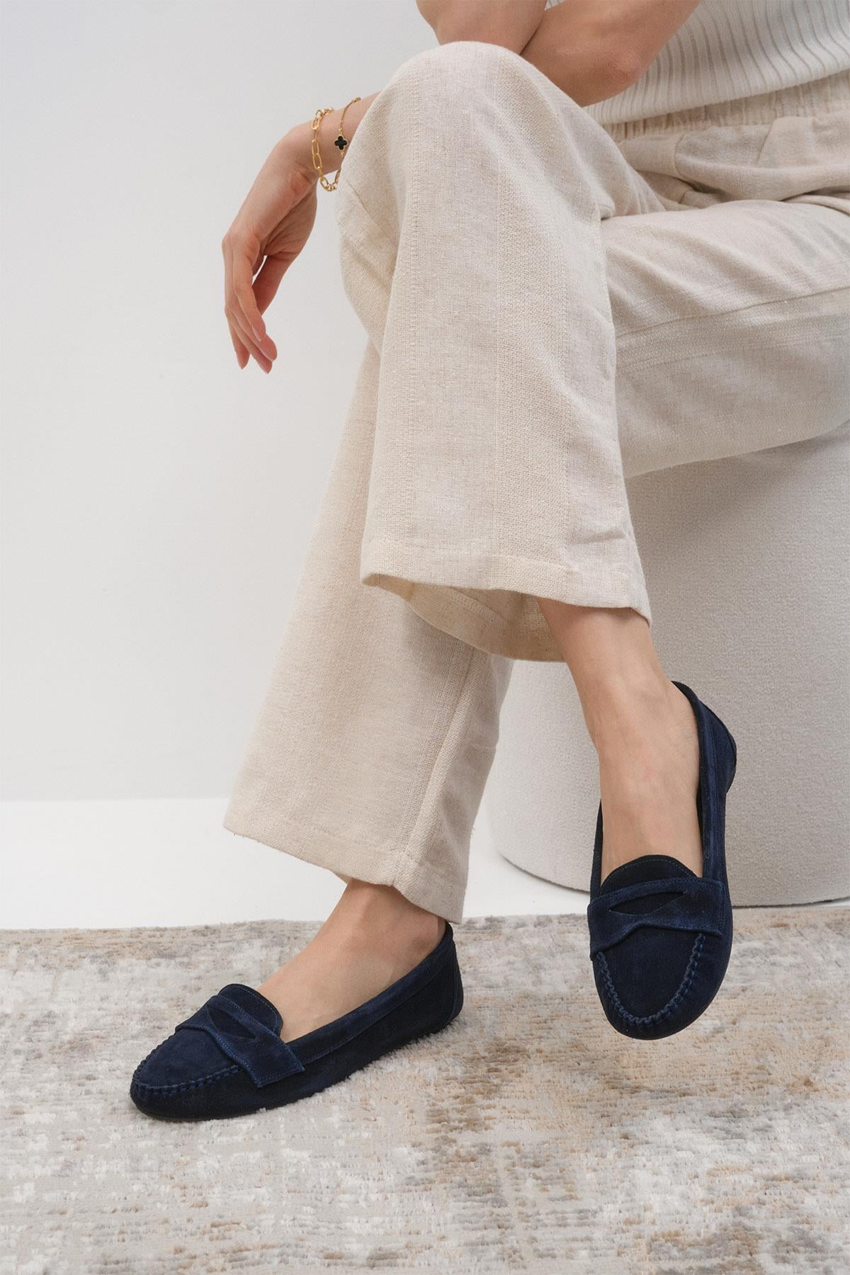 Mio Gusto Capri Hakiki Süet Lacivert Renk Kadın Loafer