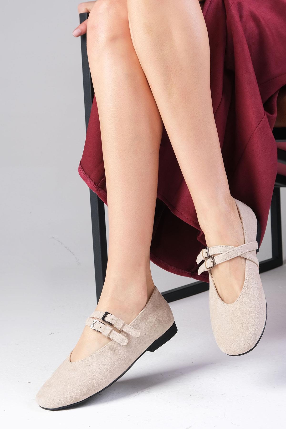 Mio Gusto Daria Bej Renk Atkılı Kadın Babet Ayakkabı Modelleri