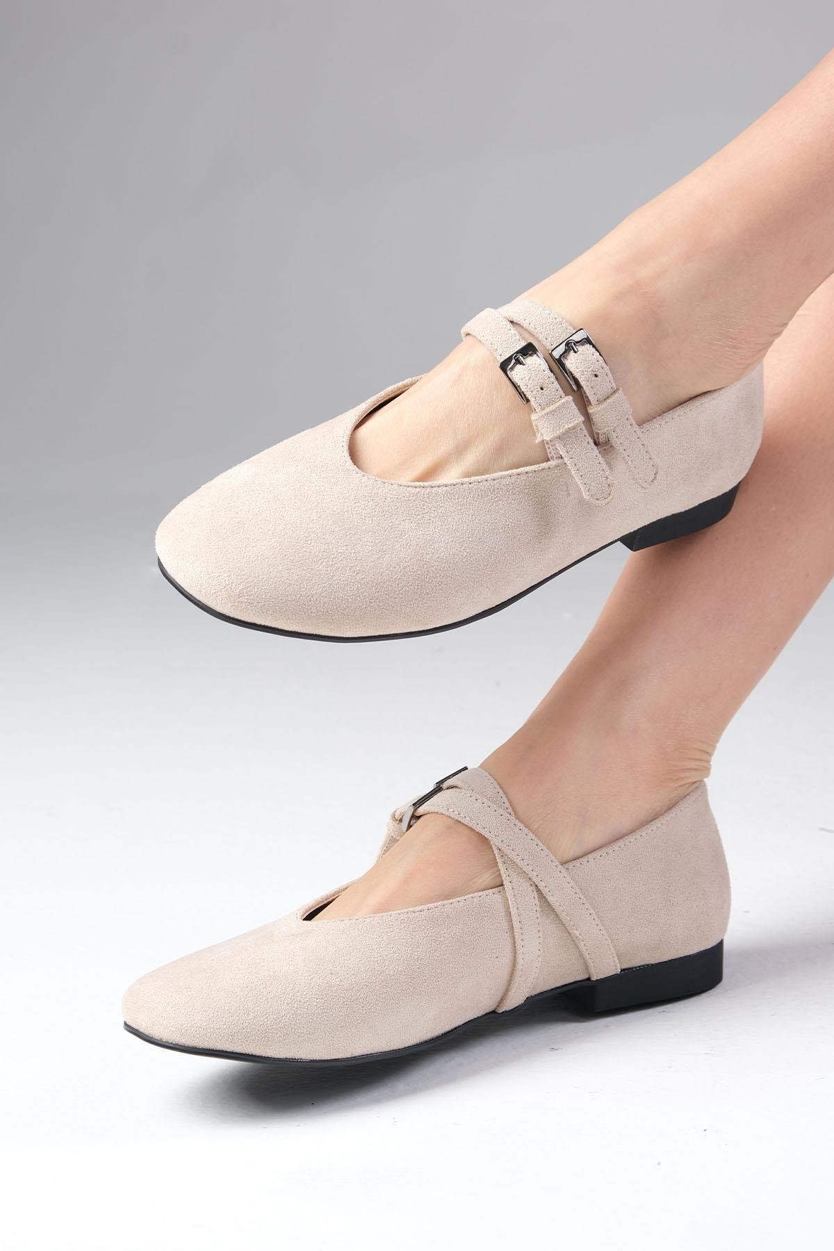 Mio Gusto Daria Bej Renk Atkılı Kadın Babet Ayakkabı Modelleri