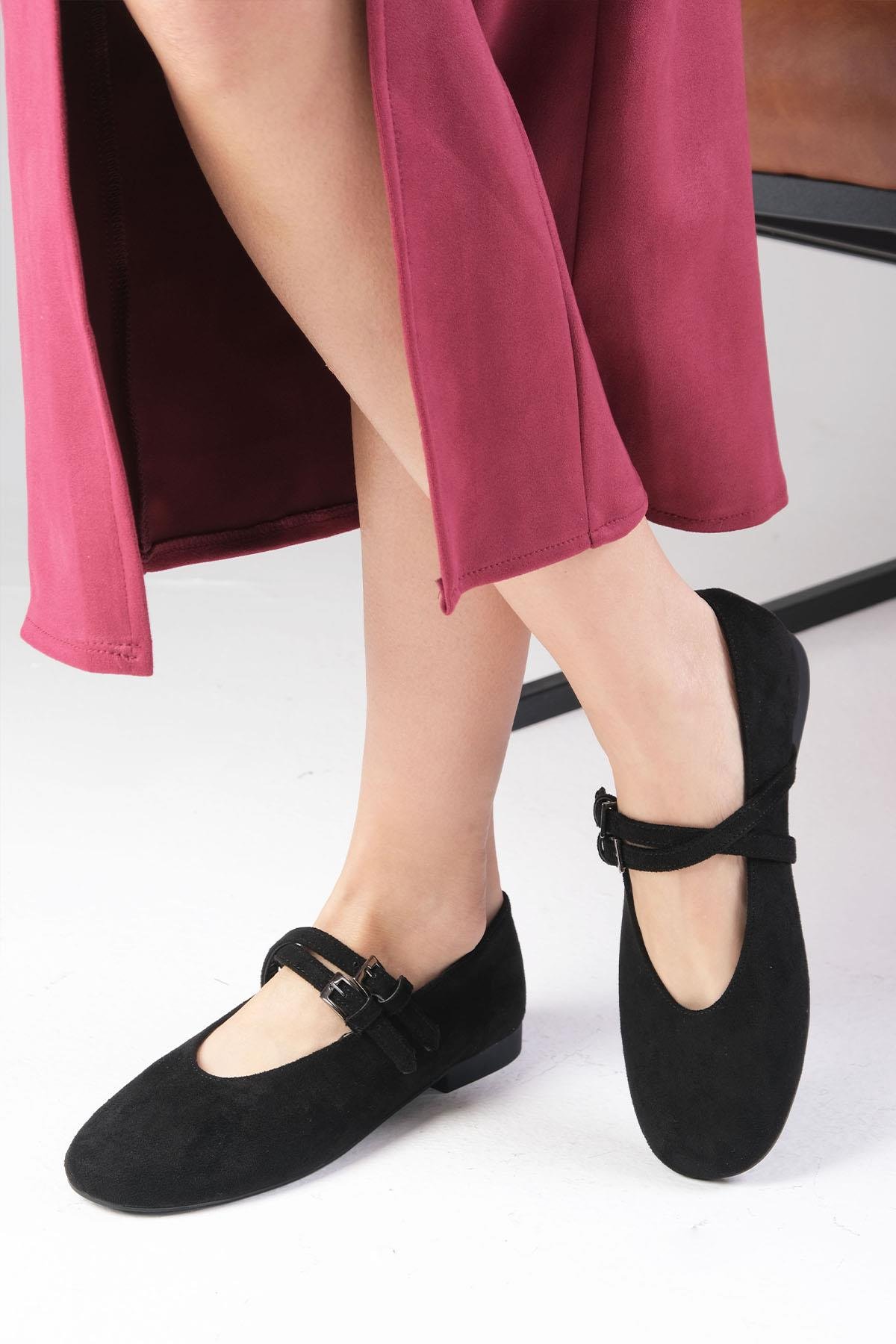 Mio Gusto Daria Siyah Renk Atkılı Kadın Babet Ayakkabı Modelleri