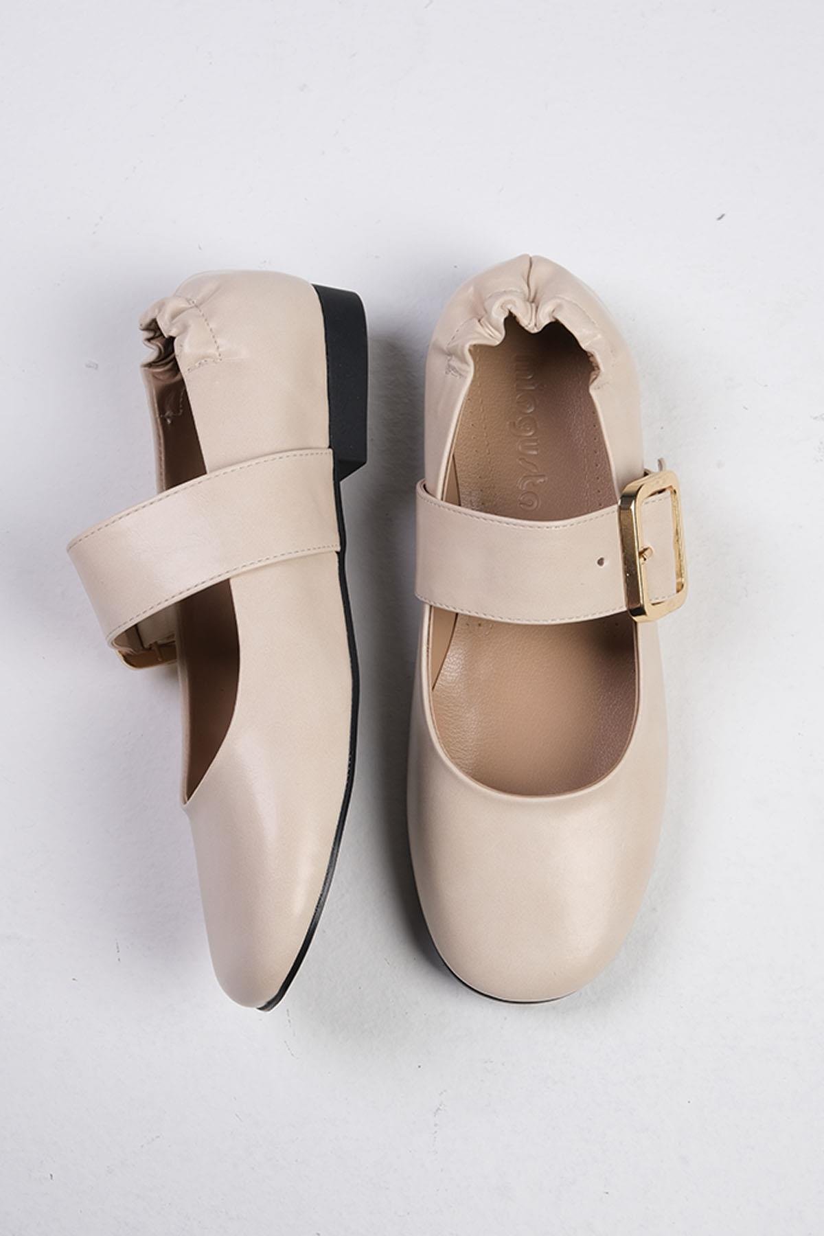 Mio Gusto Diega Ten Renk Kalın Kemerli Babet Ayakkabı Modelleri