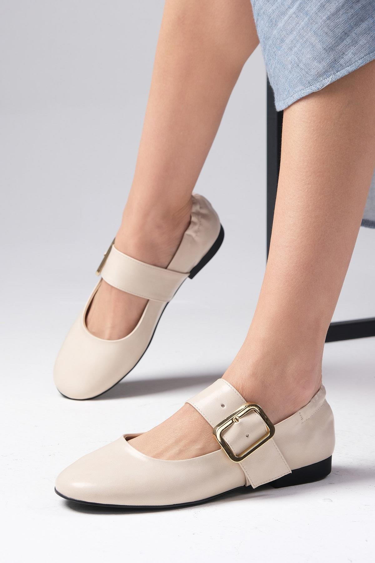 Mio Gusto Diega Ten Renk Kalın Kemerli Babet Ayakkabı Modelleri