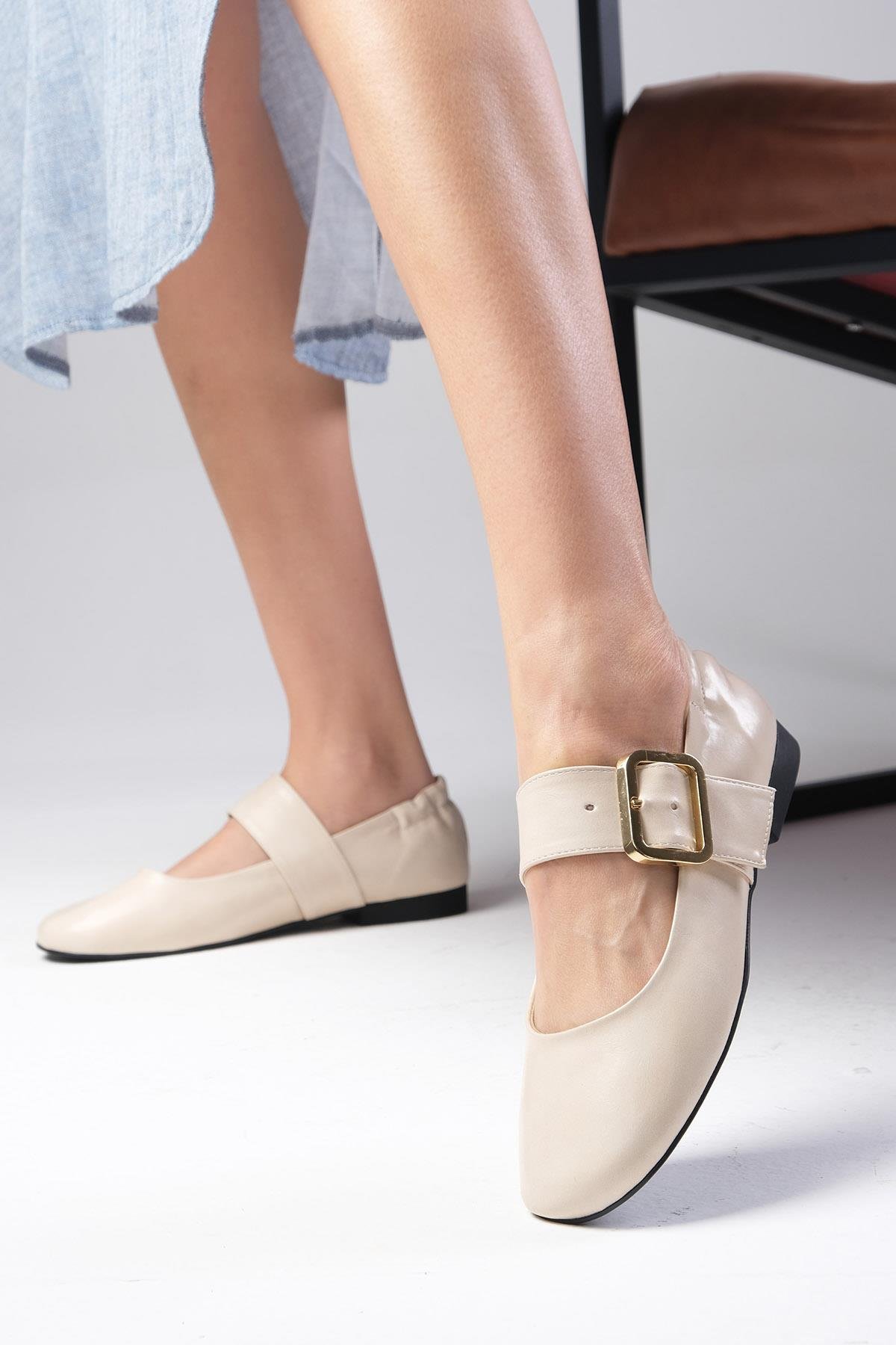 Mio Gusto Diega Ten Renk Kalın Kemerli Babet Ayakkabı Modelleri