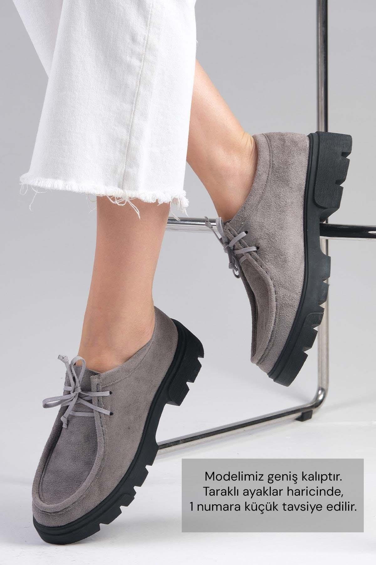 Mio Gusto Gri Renk Kalın Tabanlı Oxford Kadın Ayakkabı Modelleri