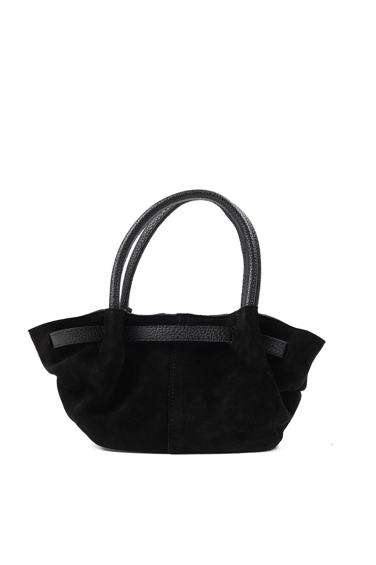 Mio Gusto Hakiki Süet Siyah Renk Büzgü Detaylı Kadın El Ve Omuz Kadın Çanta Modelleri