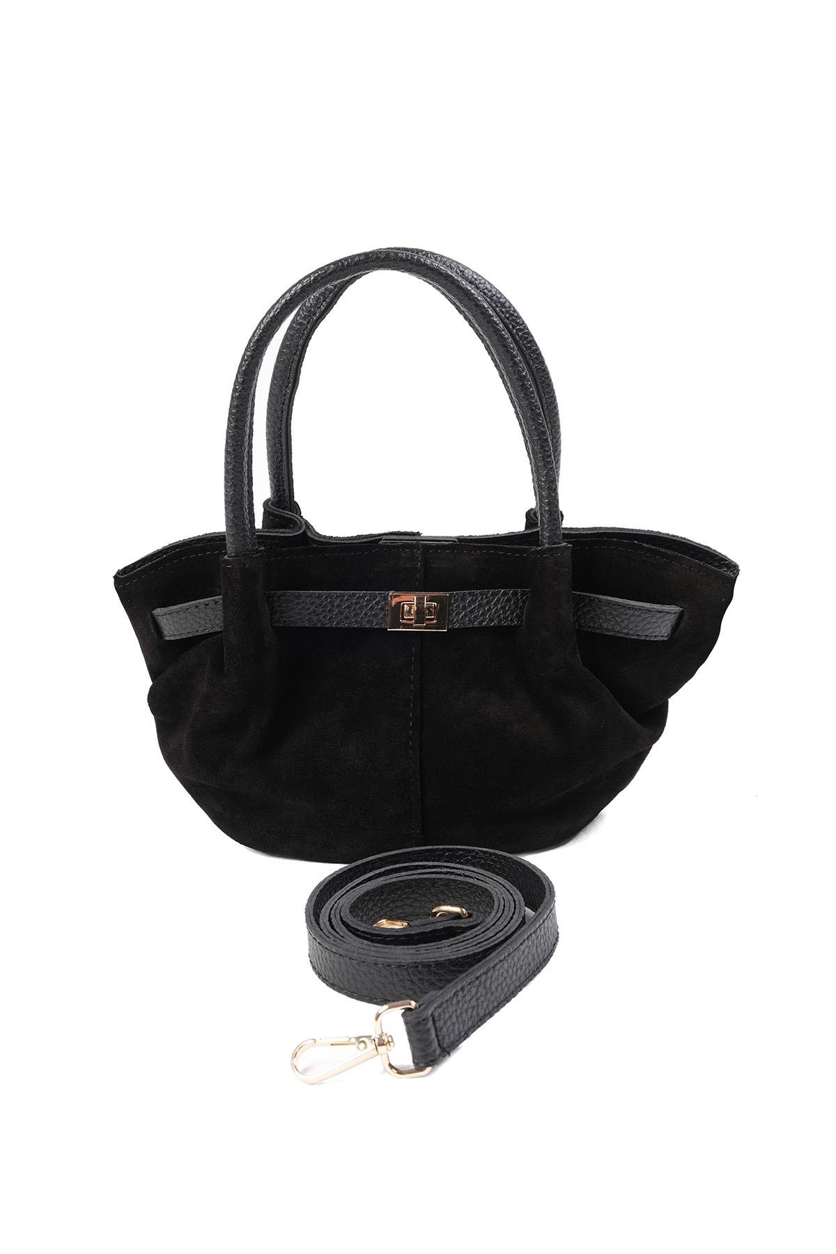 Mio Gusto Hakiki Süet Siyah Renk Büzgü Detaylı Kadın El Ve Omuz Kadın Çanta Modelleri