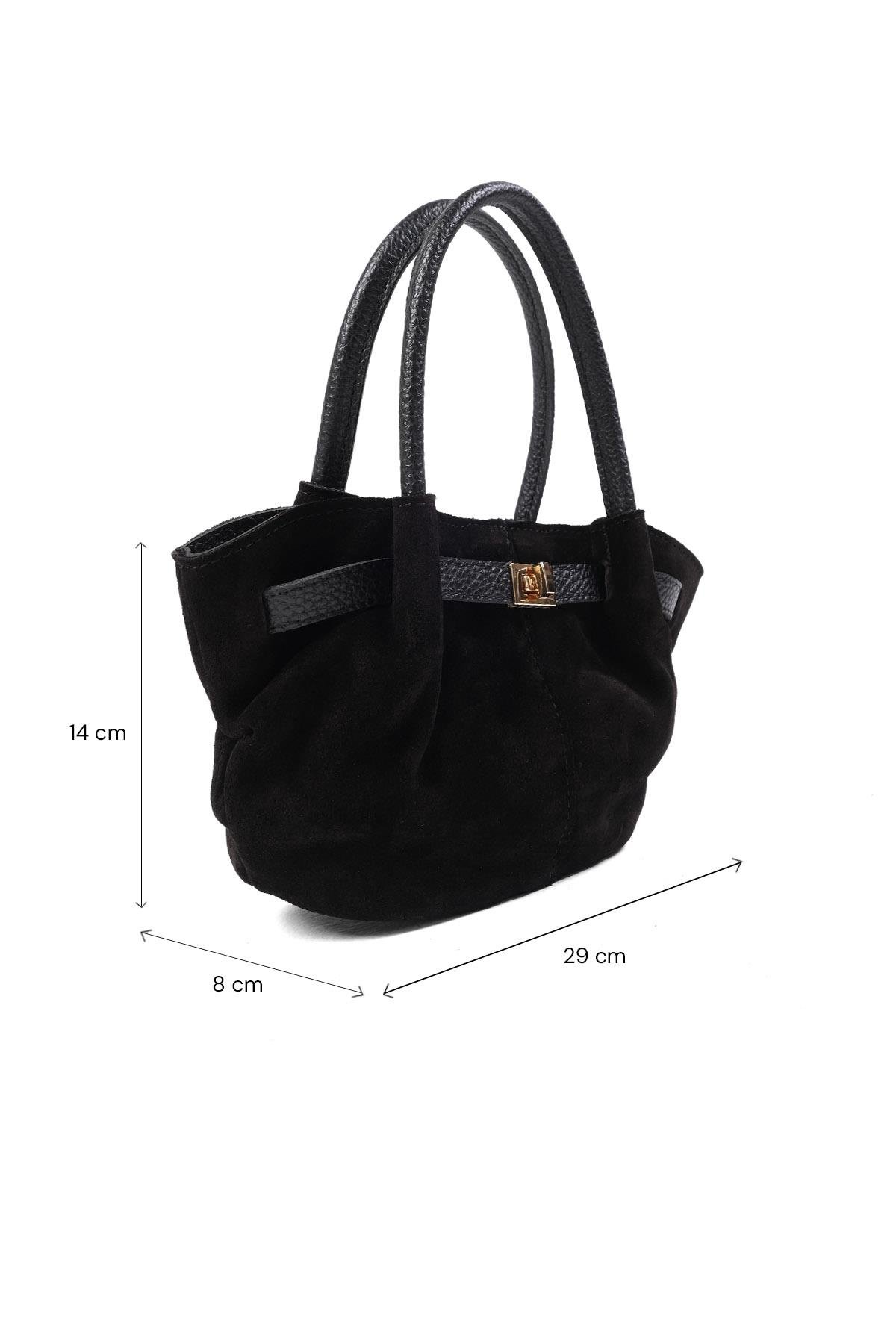 Mio Gusto Hakiki Süet Siyah Renk Büzgü Detaylı Kadın El Ve Omuz Kadın Çanta Modelleri